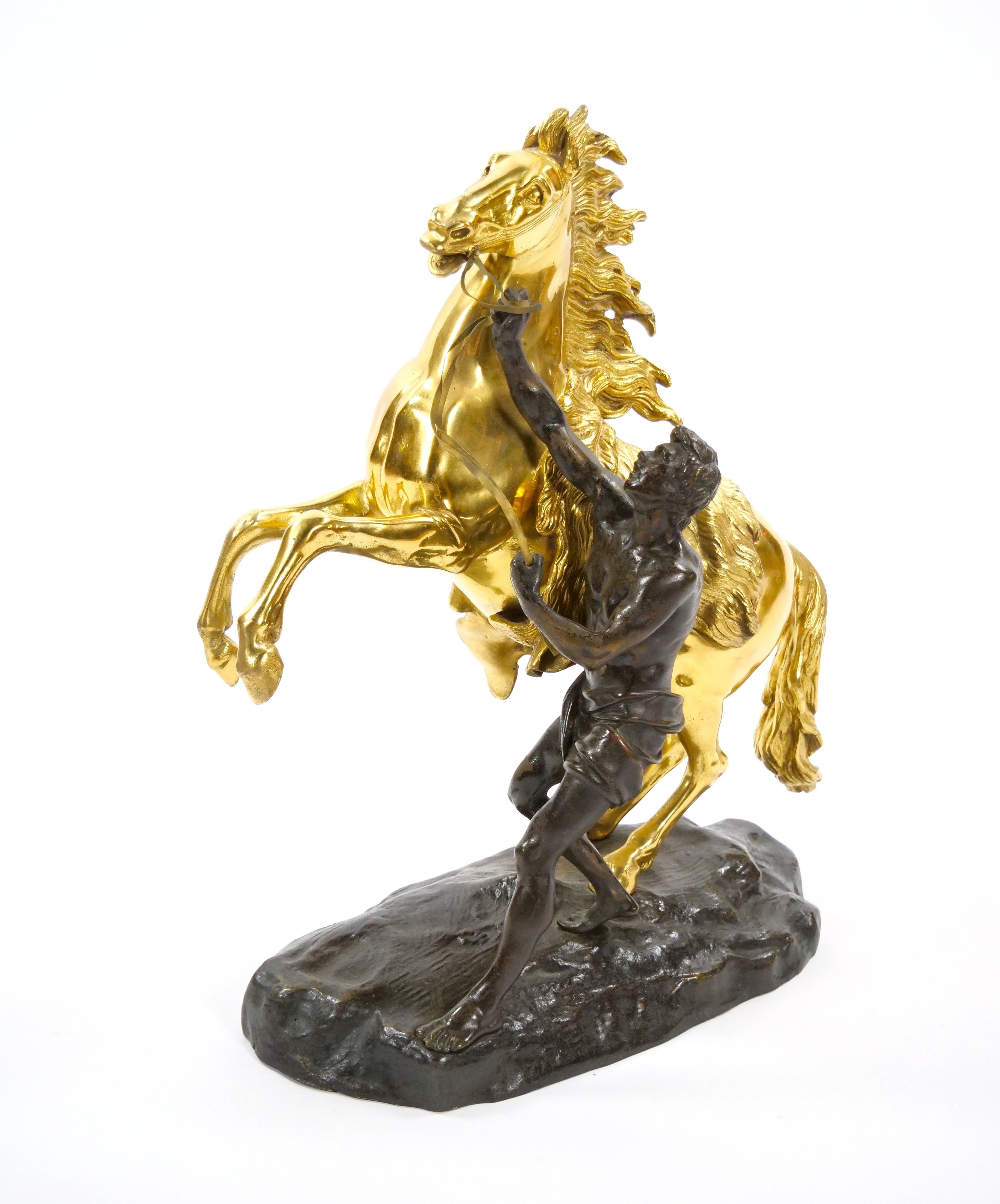 19th Century Gilt & Patinated Bronze Models of the Marly Horses After Guillaume Coustou For Sale