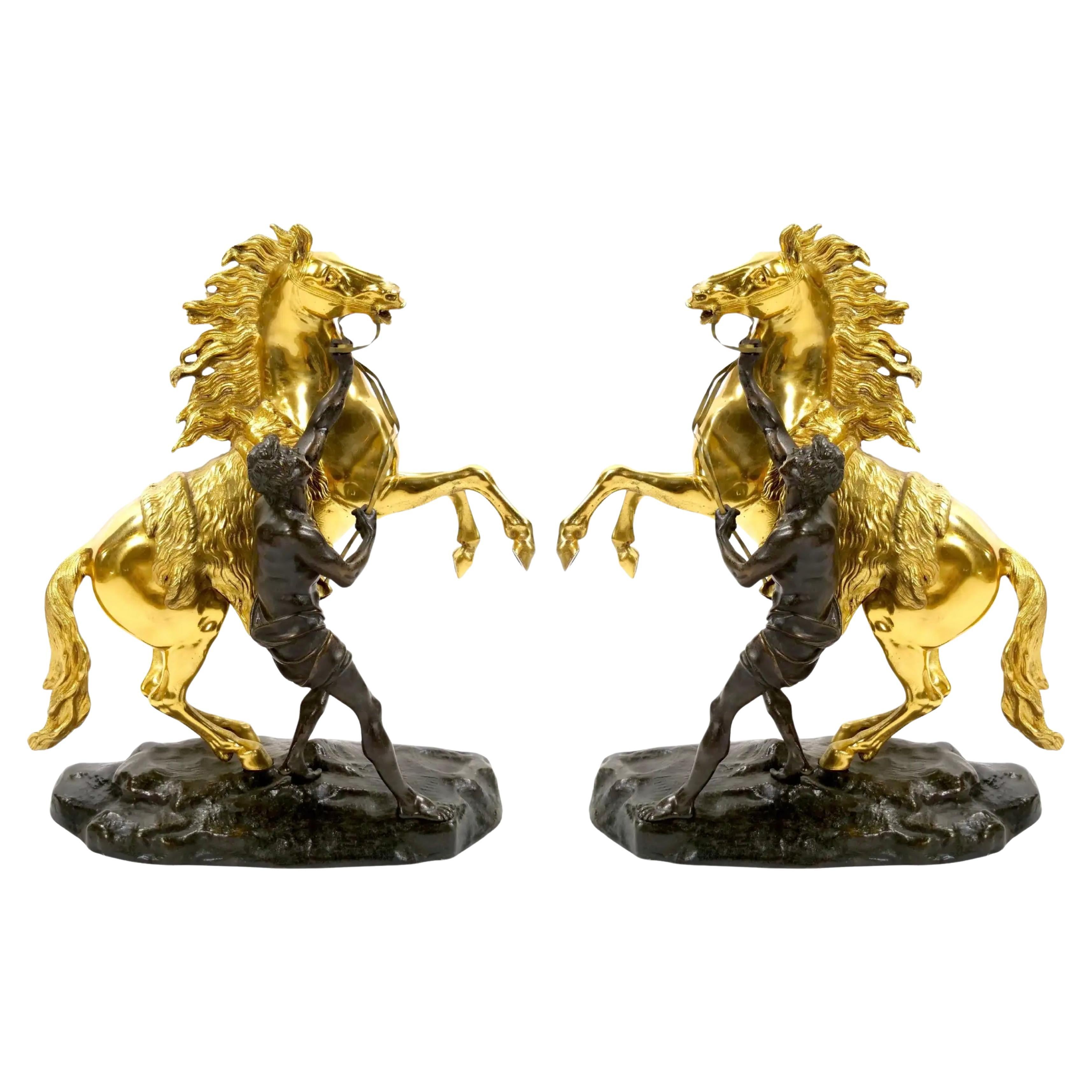 Gilt & Patinated Bronze Models of the Marly Horses After Guillaume Coustou