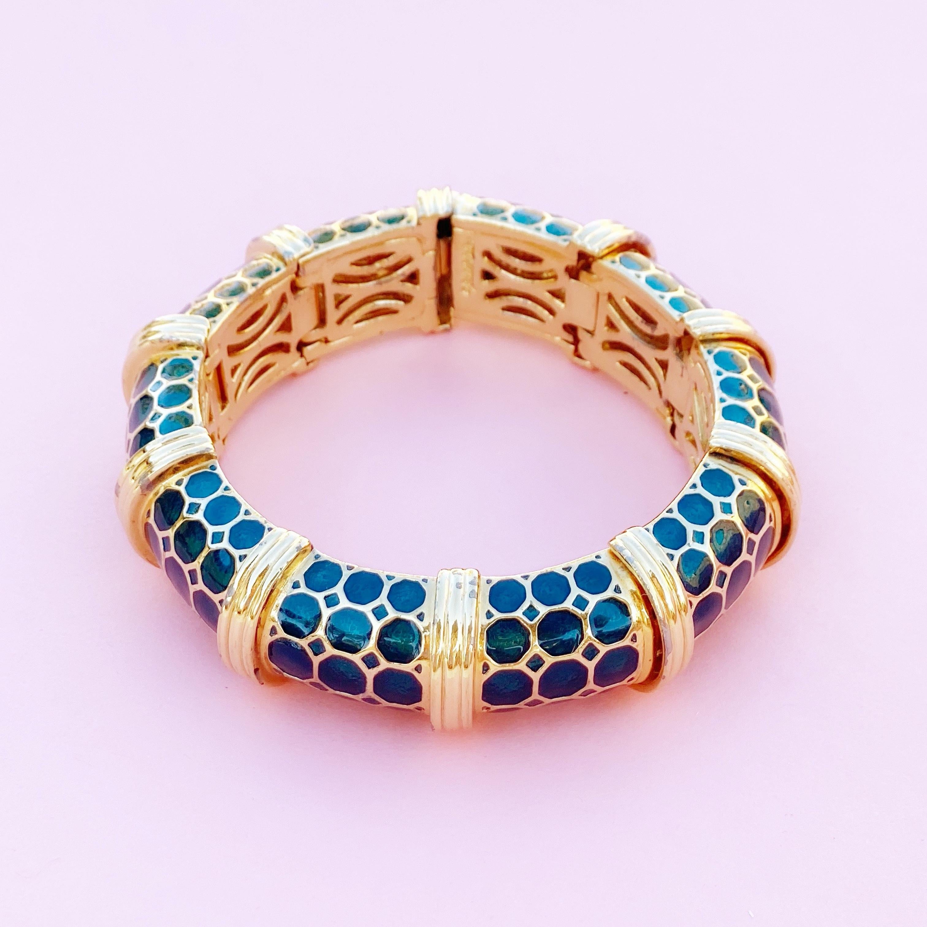 Modern Gilt & Peacock Green Enamel Articulating Bracelet by Judith Leiber, 1980s