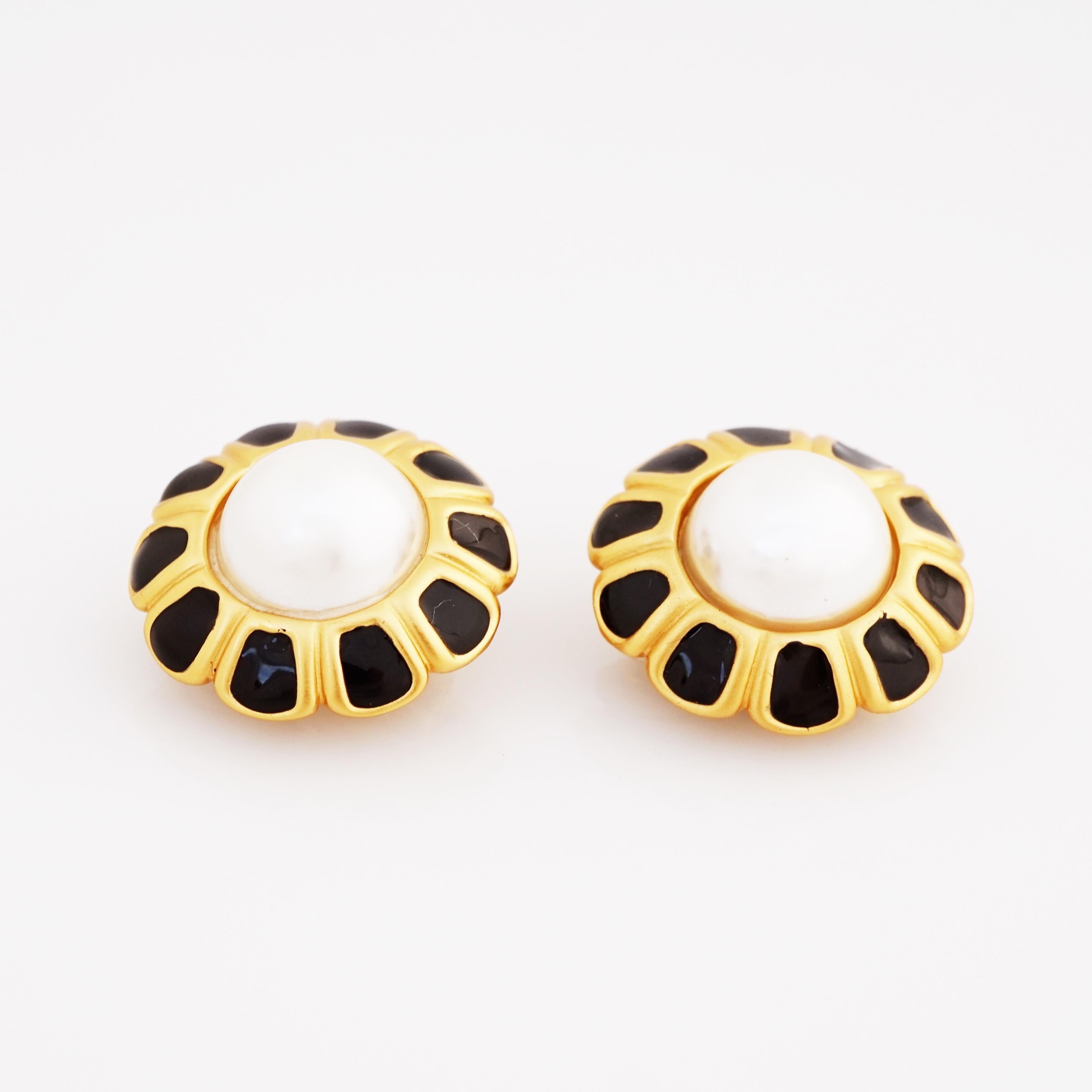 Gilt, Pearl and Black Enamel Statement Earrings By Anne Klein, 1980s In Good Condition In McKinney, TX