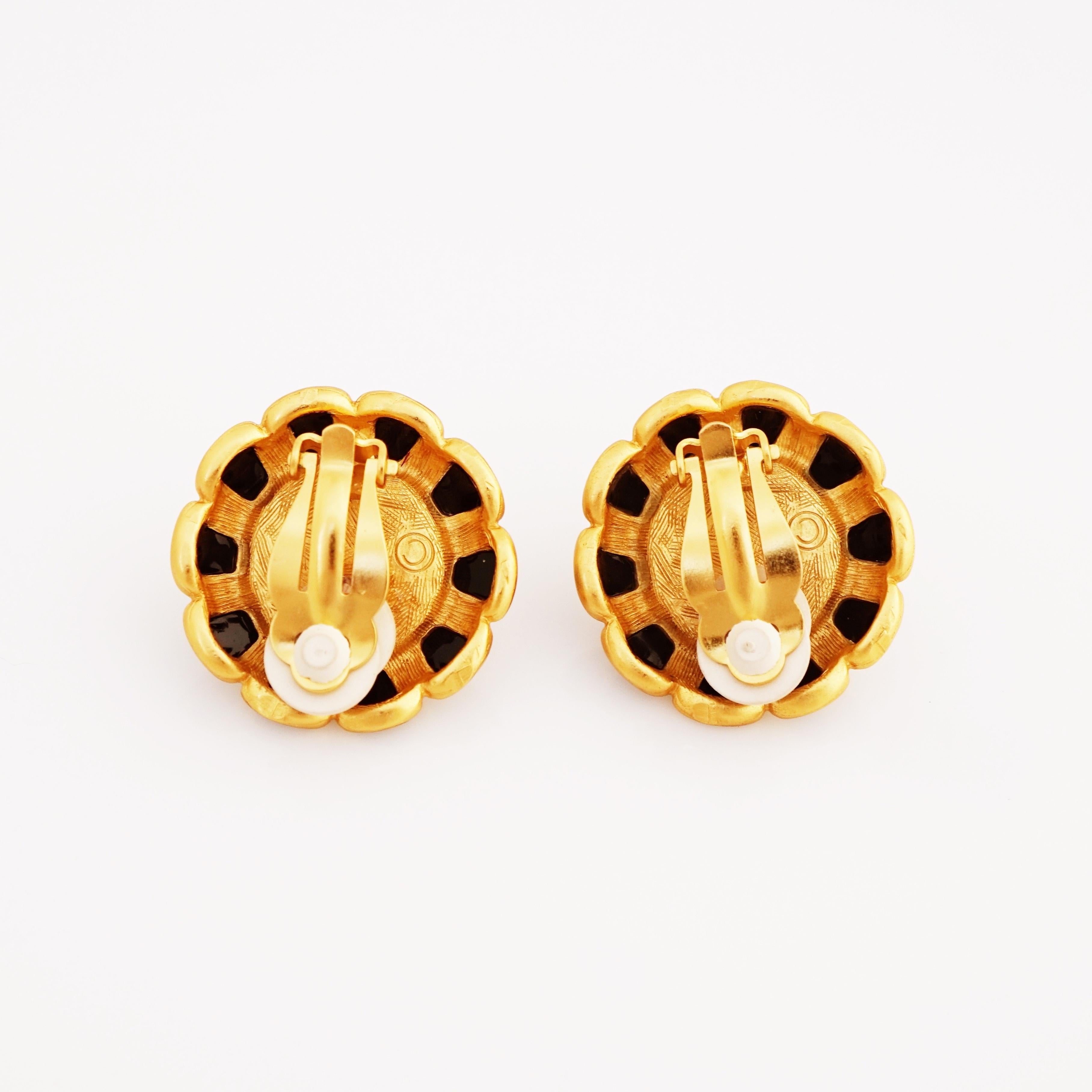 Women's Gilt, Pearl and Black Enamel Statement Earrings By Anne Klein, 1980s