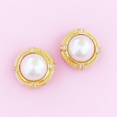 Gilt & Pearl Button Earrings With Crystal Rhinestones By Joan Rivers, 1990s