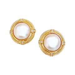 Vintage Gilt & Pearl Button Earrings With Crystal Rhinestones By Joan Rivers, 1990s