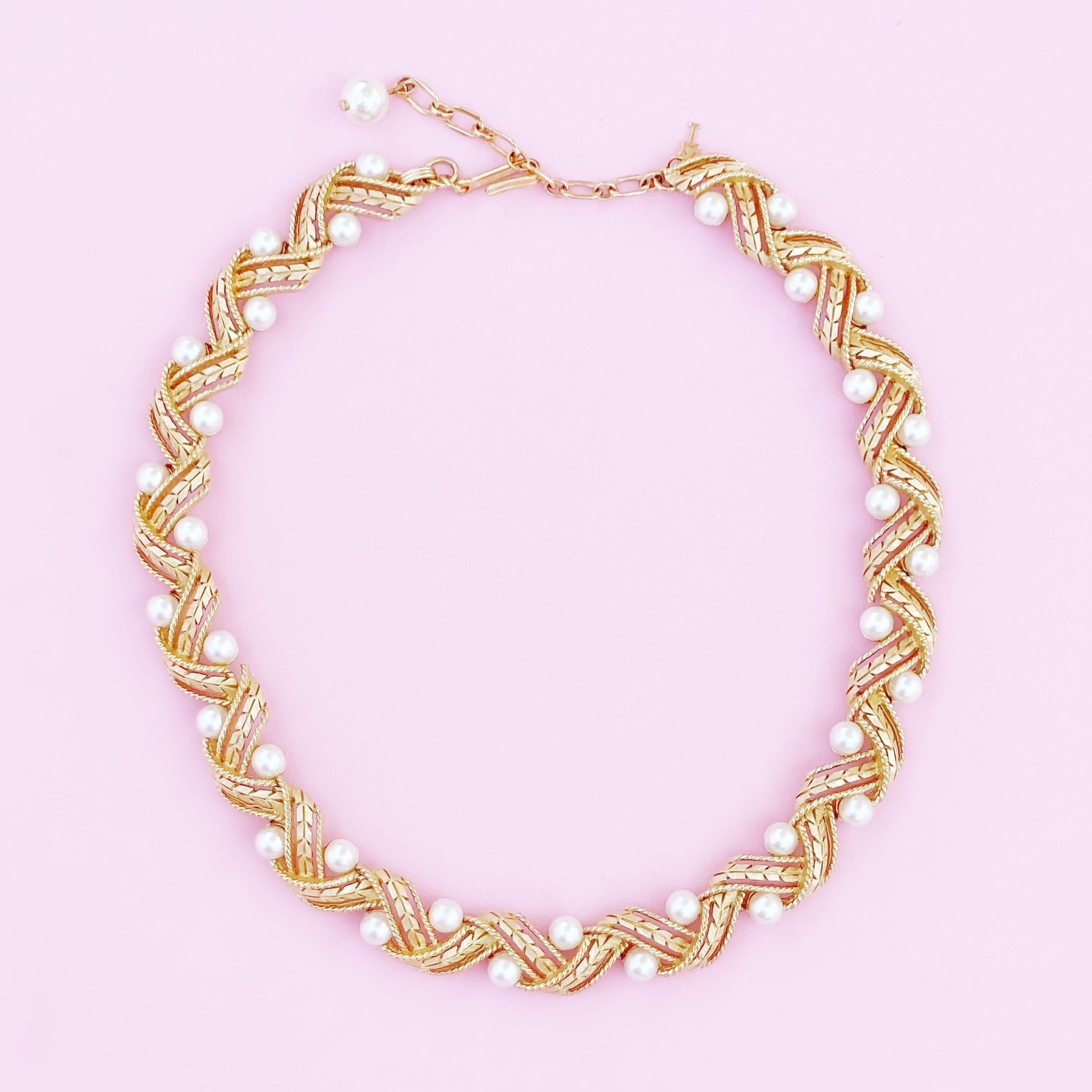 Modern Gilt & Pearl Choker Necklace With Leaf Motif By Crown Trifari, 1950s