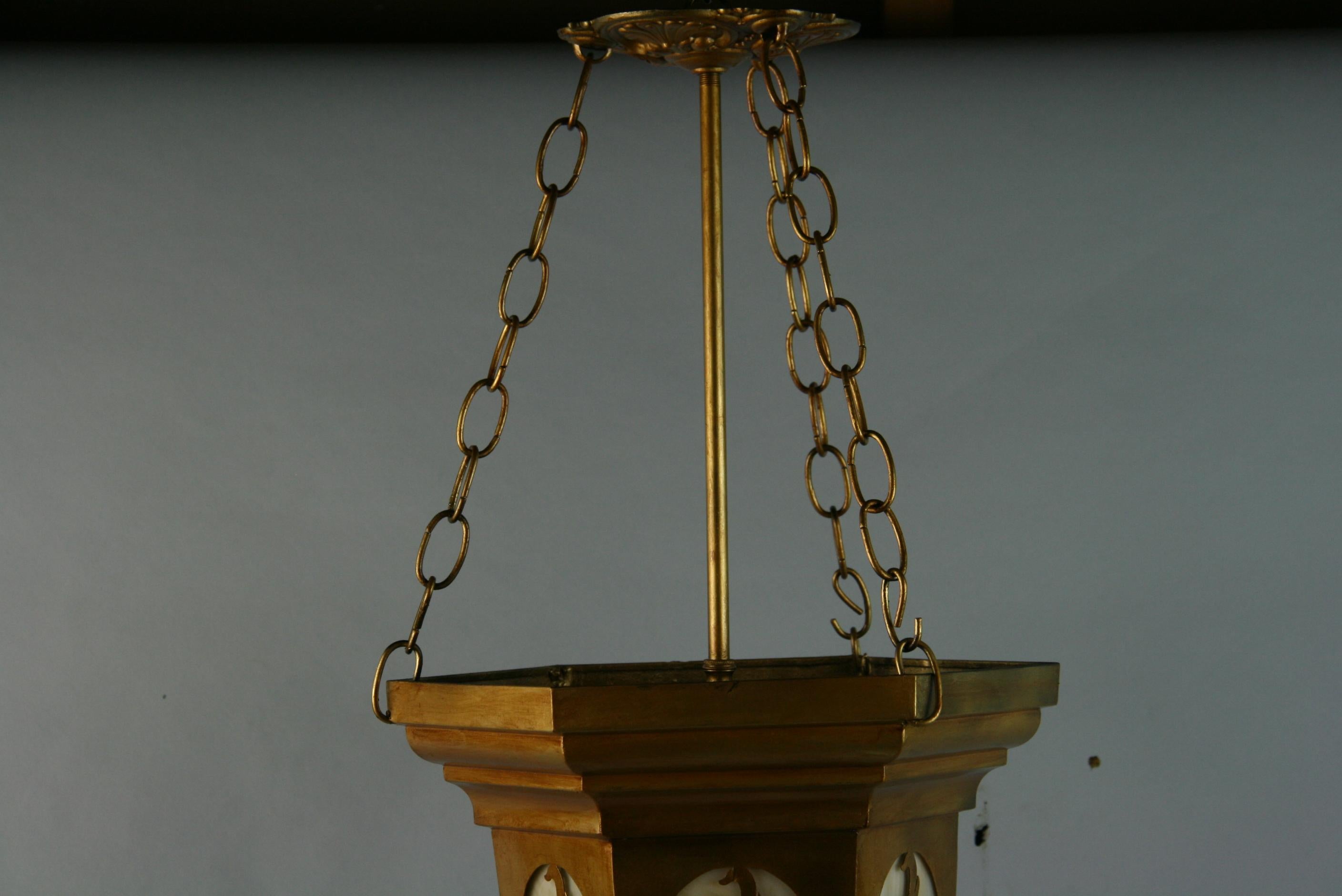 Chain Hung Gilt Pierced Metal Bent Glass Pendant, 1940's For Sale 3