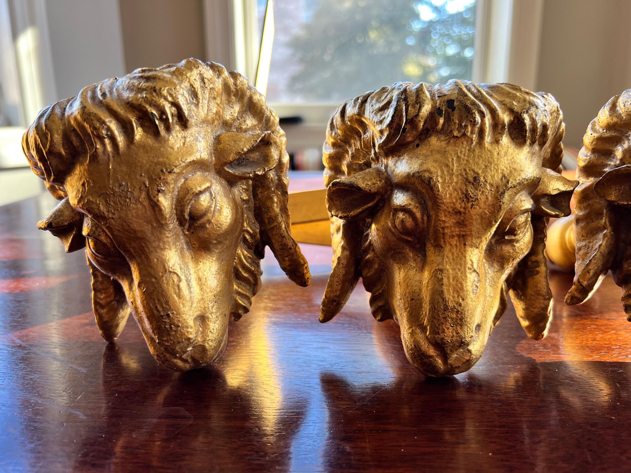 Gilt Plaster Ram's Head Curtain Tie Backs - Set of Four In Good Condition In Morristown, NJ