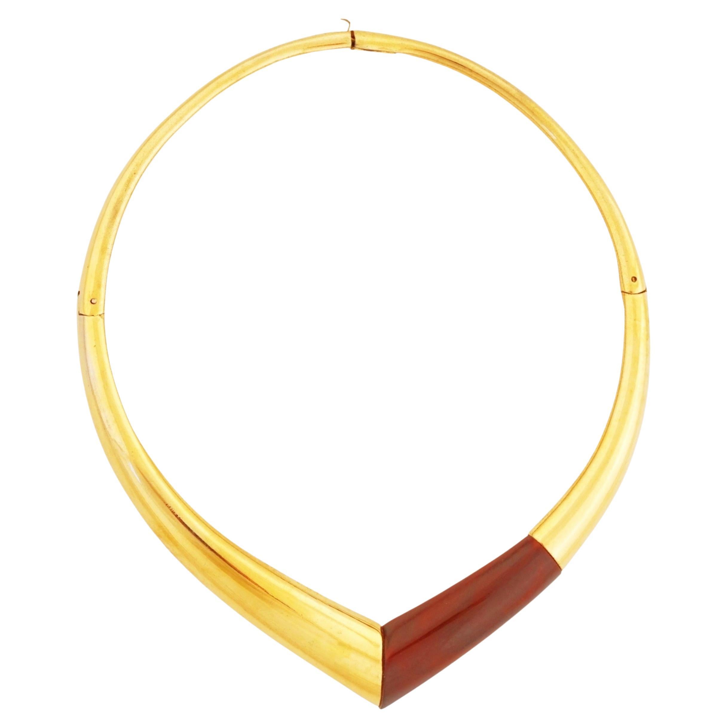 Gilt Pointed Choker Necklace With Tortoise Accent By Givenchy, 1970s For Sale