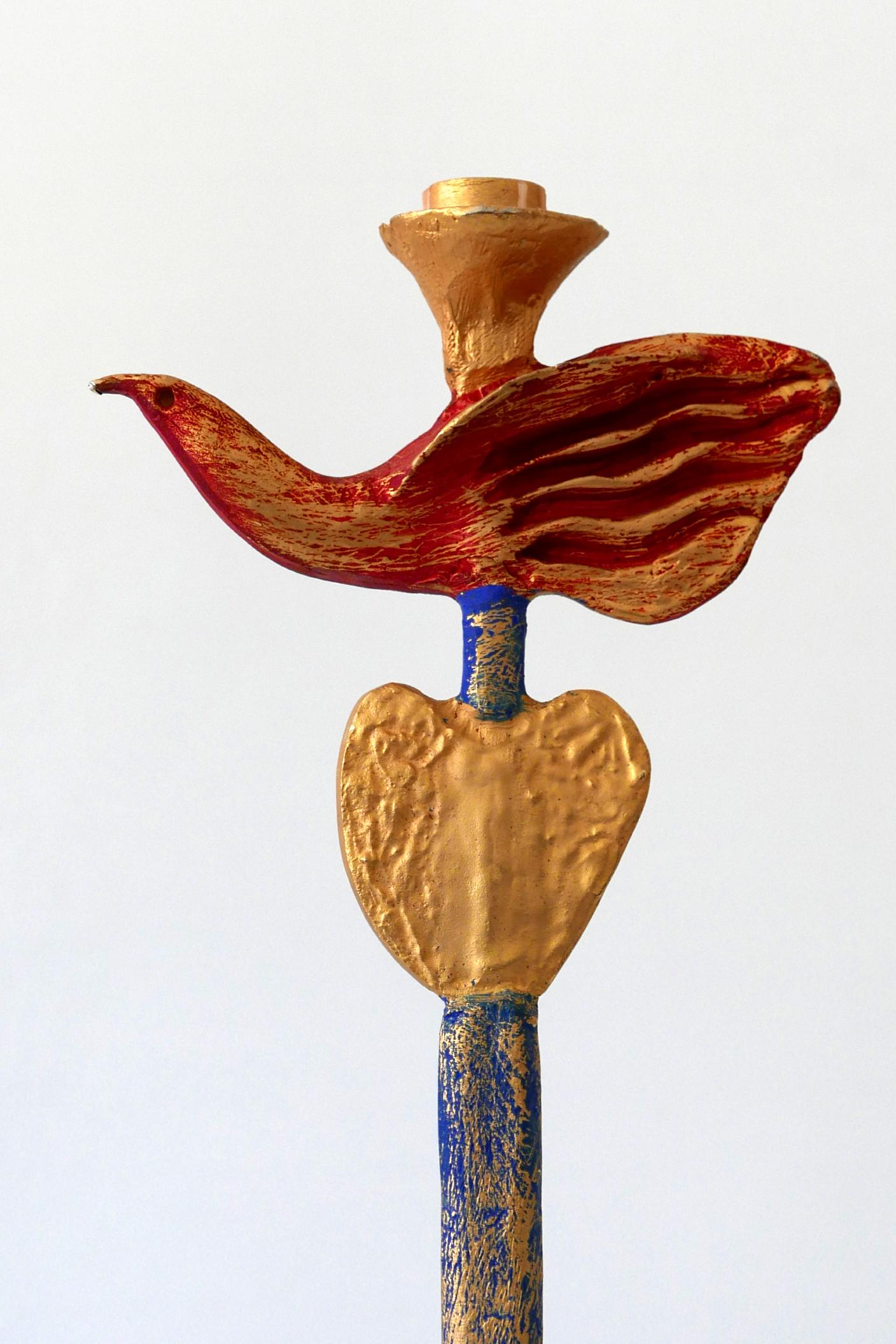 French Gilt and Polychrome Bronze Dove Candlestick by Pierre Casenove, 1980s, France For Sale