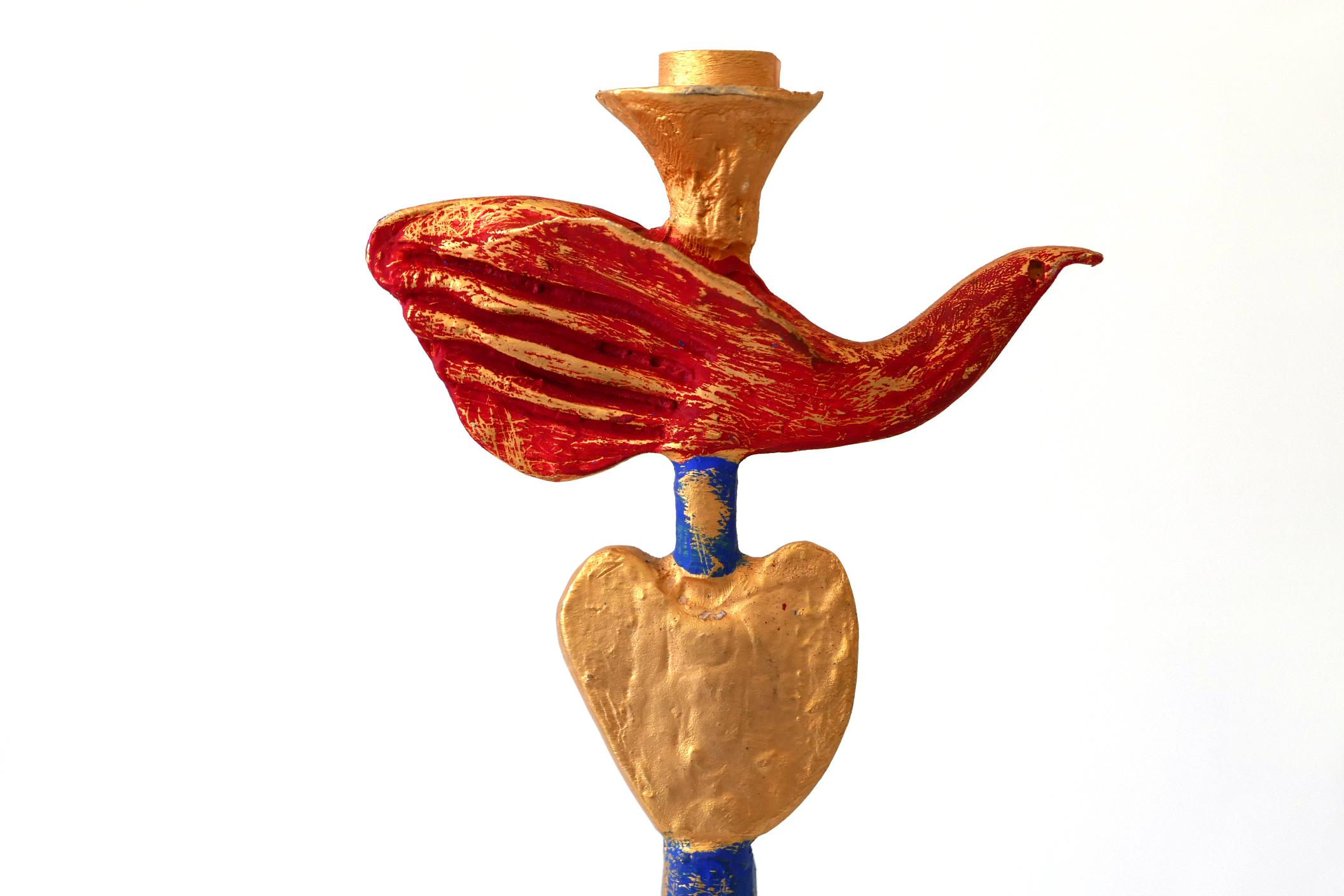 Late 20th Century Gilt and Polychrome Bronze Dove Candlestick by Pierre Casenove, 1980s, France For Sale