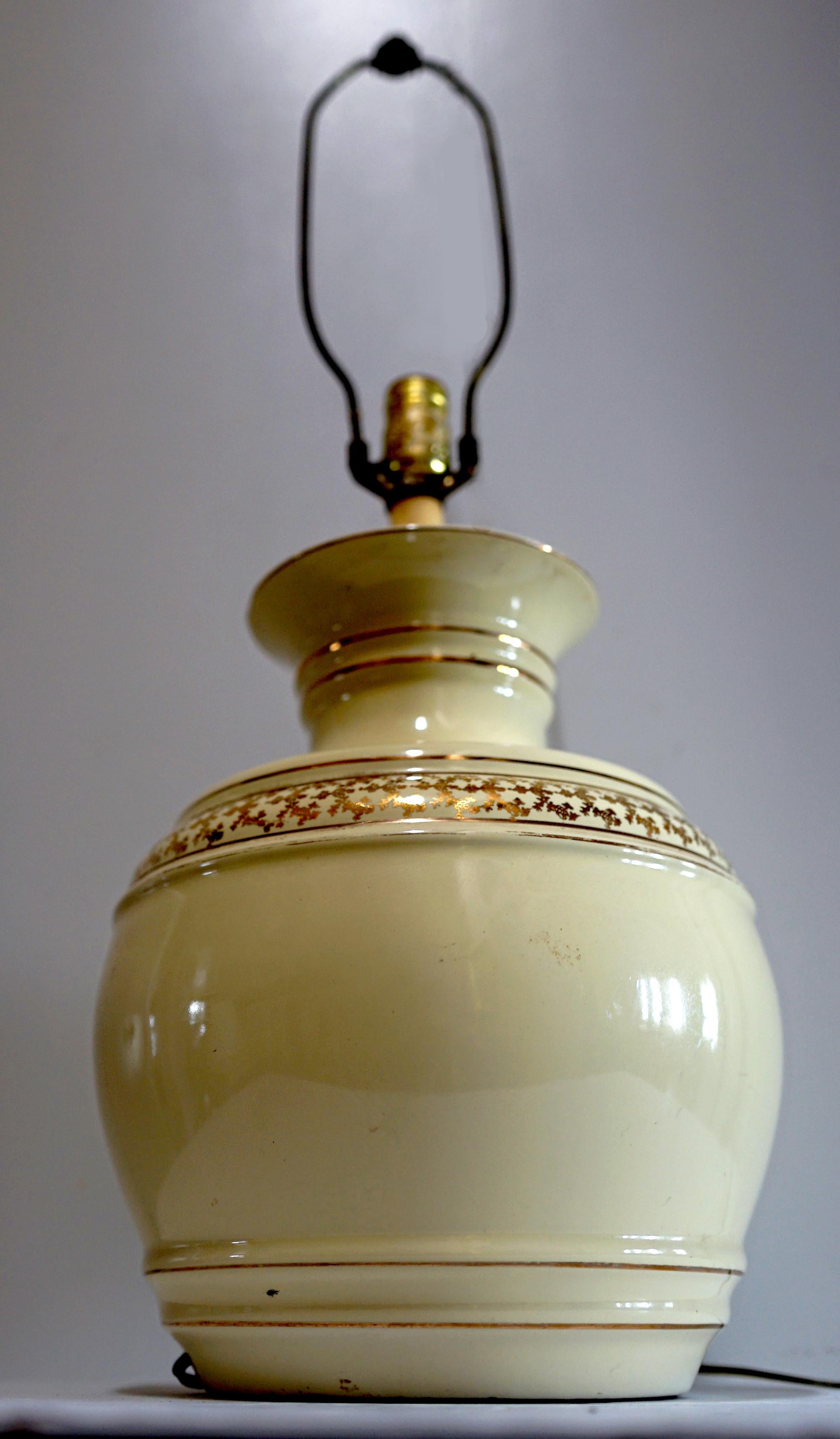Mid-Century Modern Gilt Porcelain Vintage Yellow Round Table Lamp For Sale