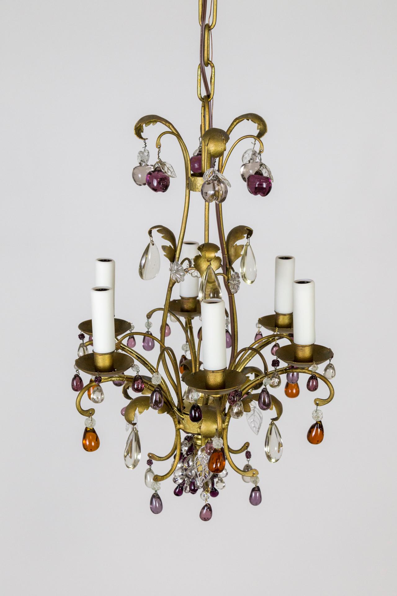 Gilt Purple & Amber Crystal Fruit Chandelier In Good Condition For Sale In San Francisco, CA
