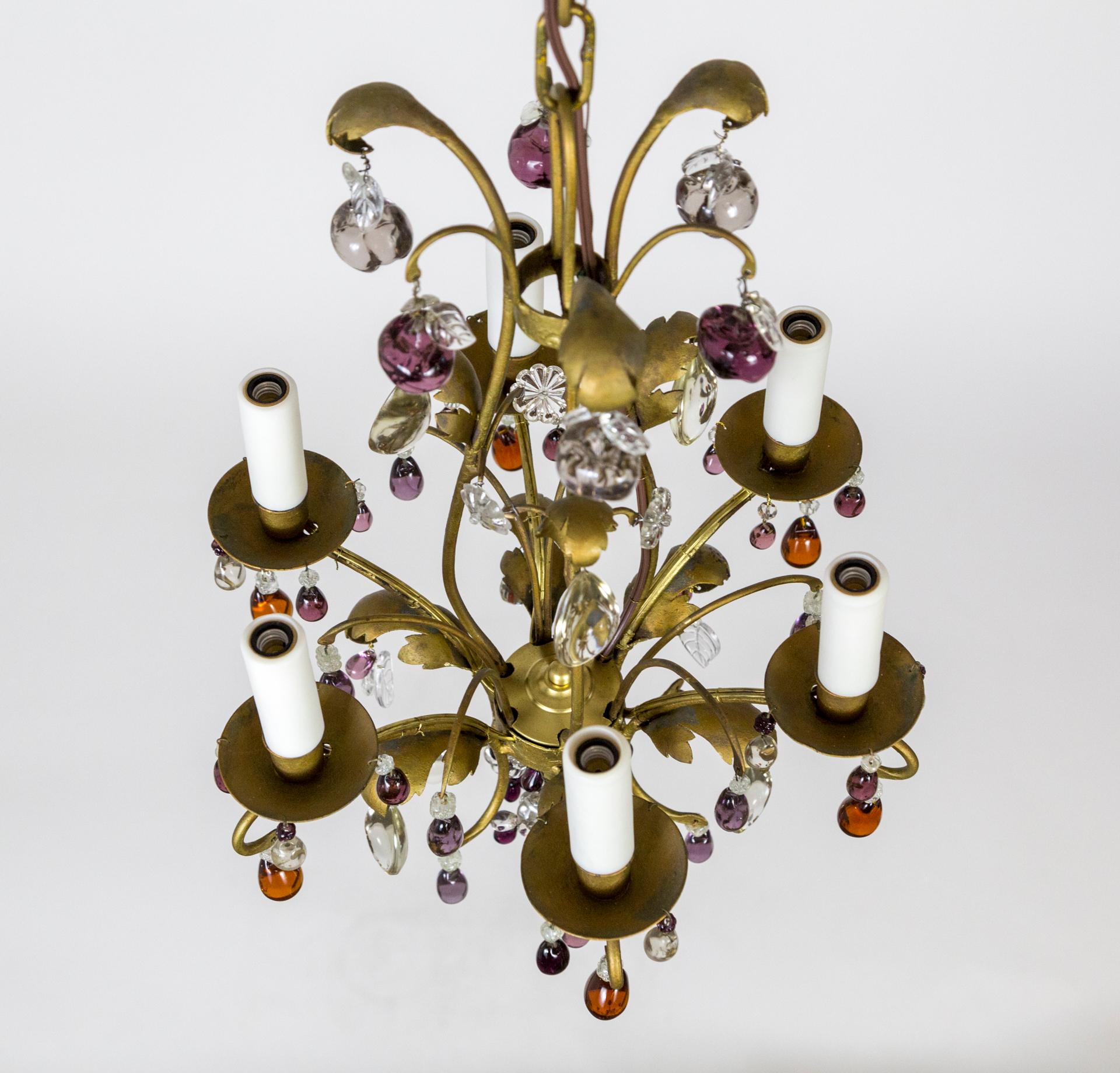 Mid-20th Century Gilt Purple & Amber Crystal Fruit Chandelier For Sale