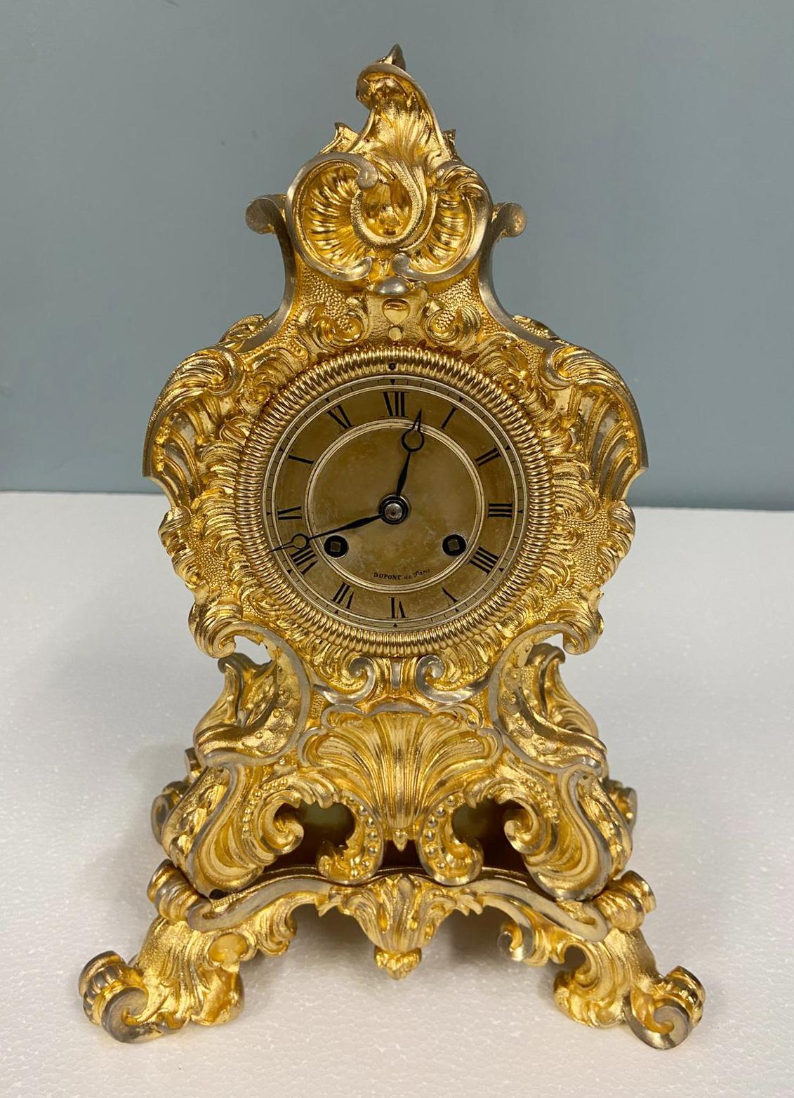 Gilt Rococo Mantel Clock Dupont de Paris French 1850 For Sale 5