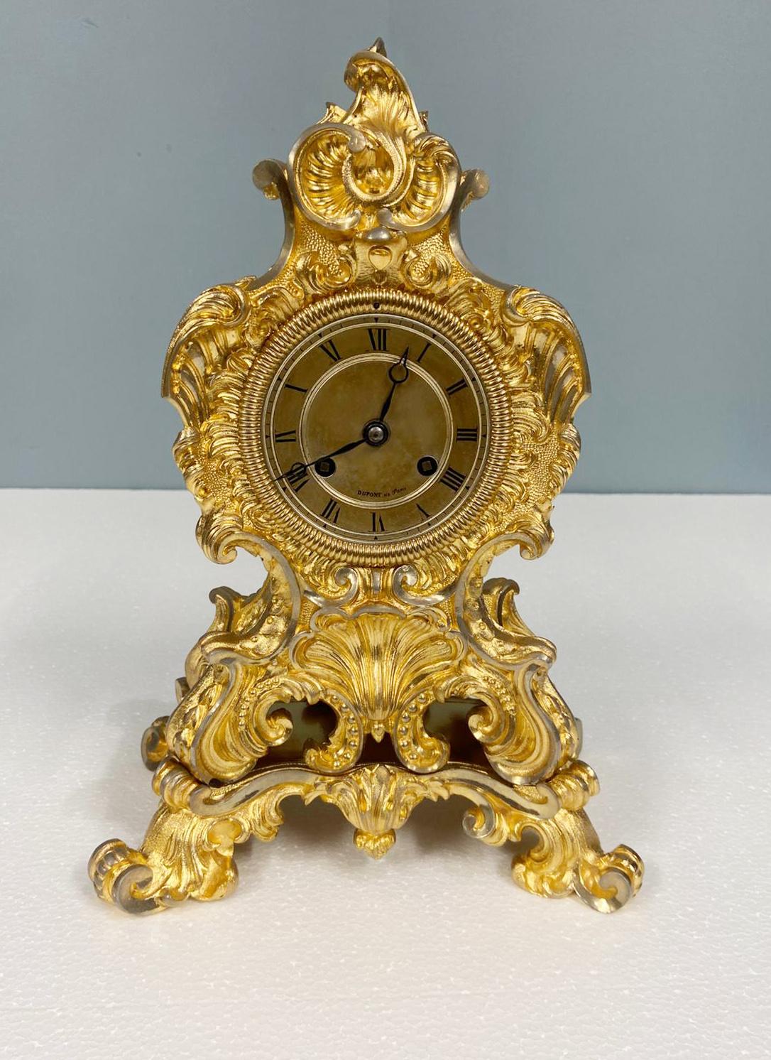 Gilt Rococo Mantel Clock Dupont de Paris French 1850 In Good Condition For Sale In Potters Bar, GB