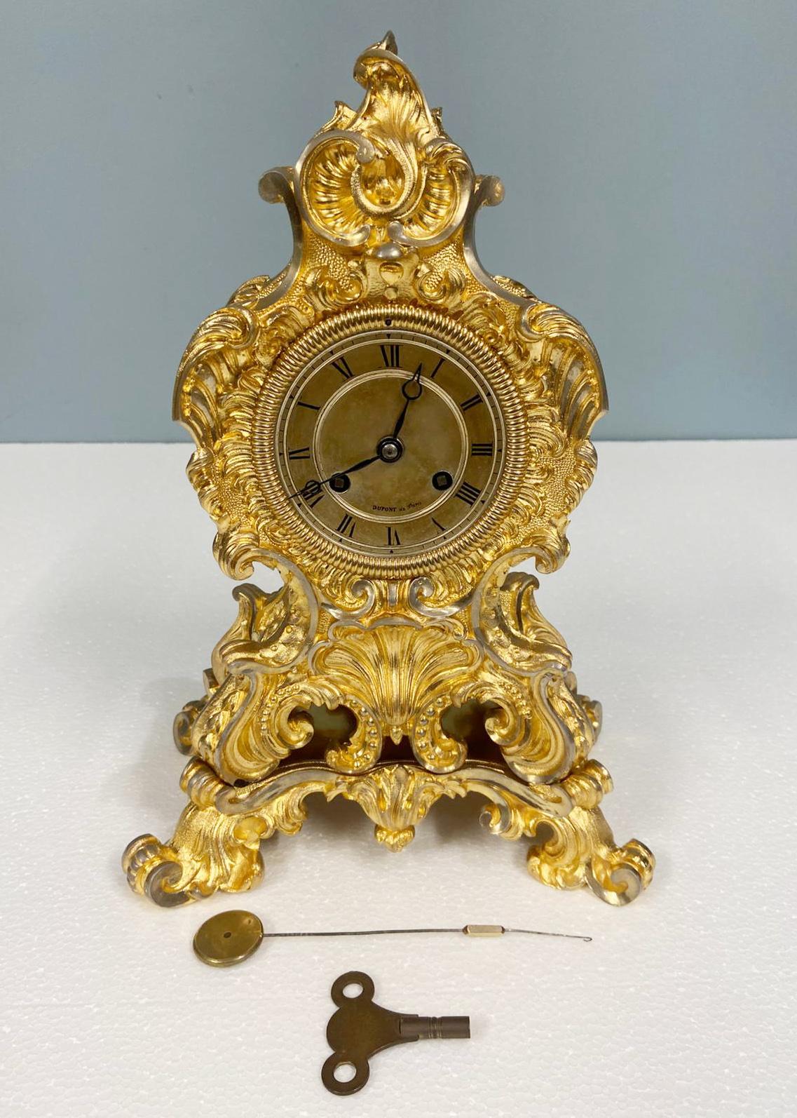 Mid-19th Century Gilt Rococo Mantel Clock Dupont de Paris French 1850 For Sale