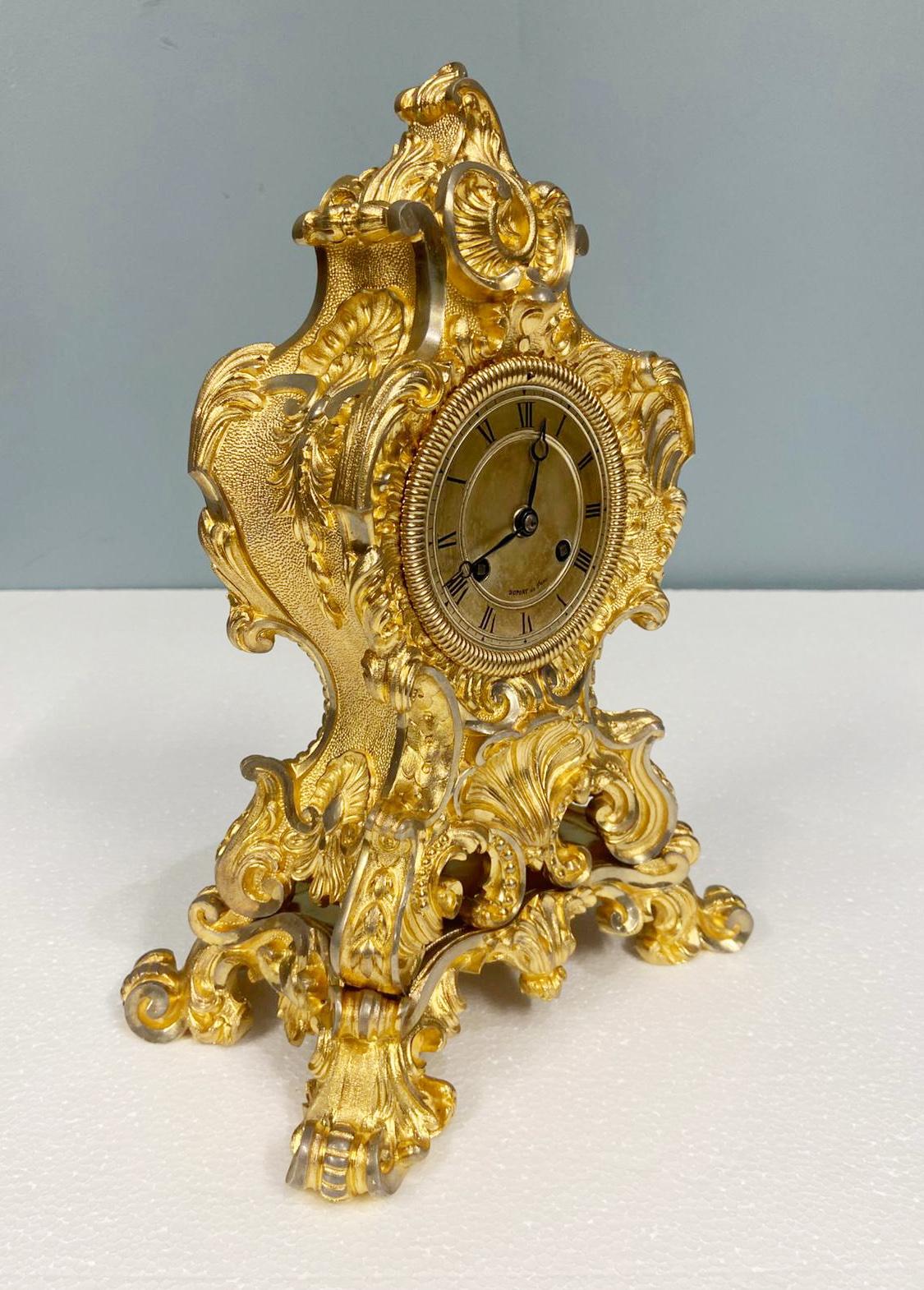Gilt Rococo Mantel Clock Dupont de Paris French 1850 For Sale 3