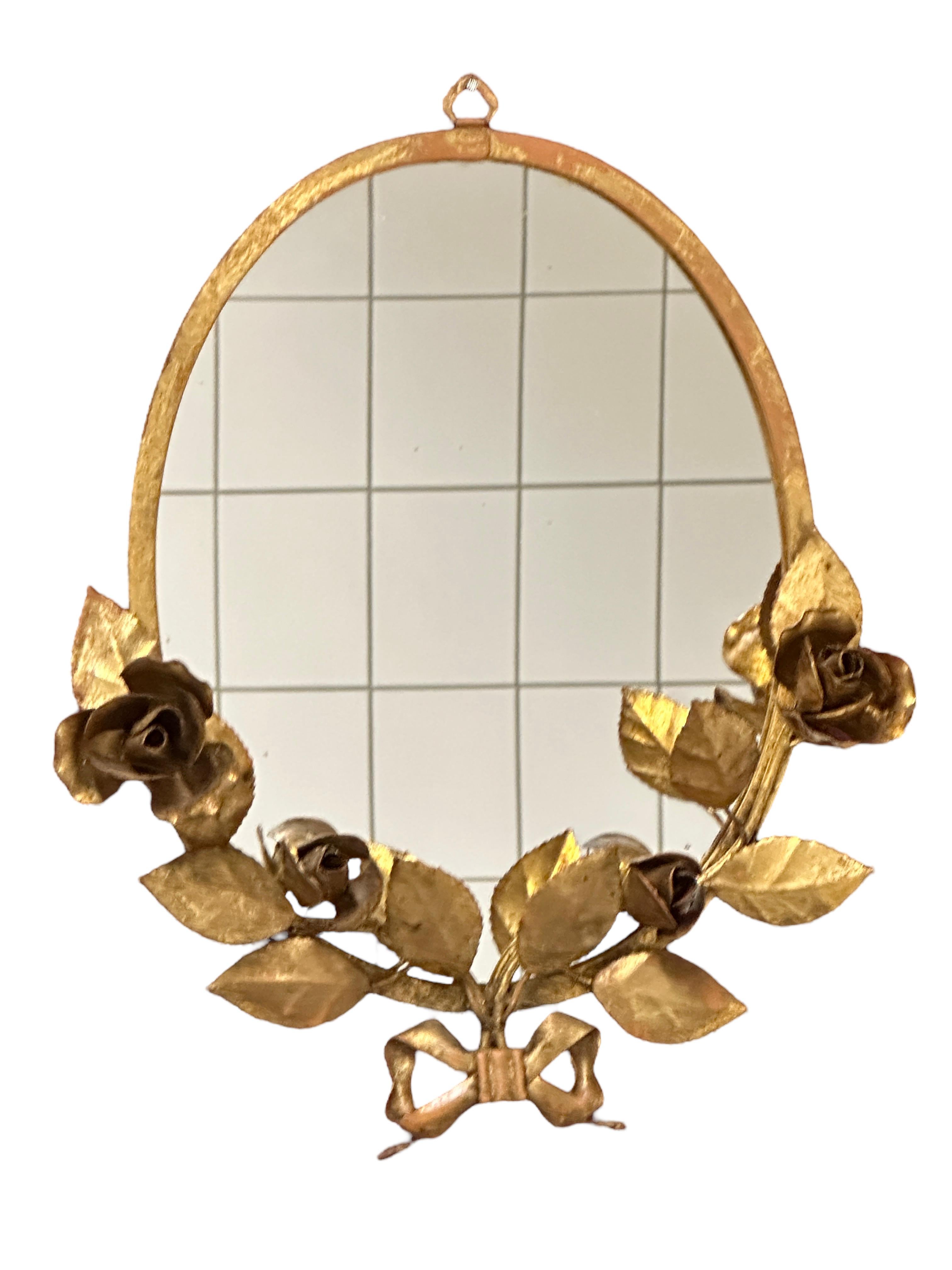 Gilt Rose Flower Hollywood Regency Vanity Wall Mirror, Toleware Tole 1960s Italy For Sale 5