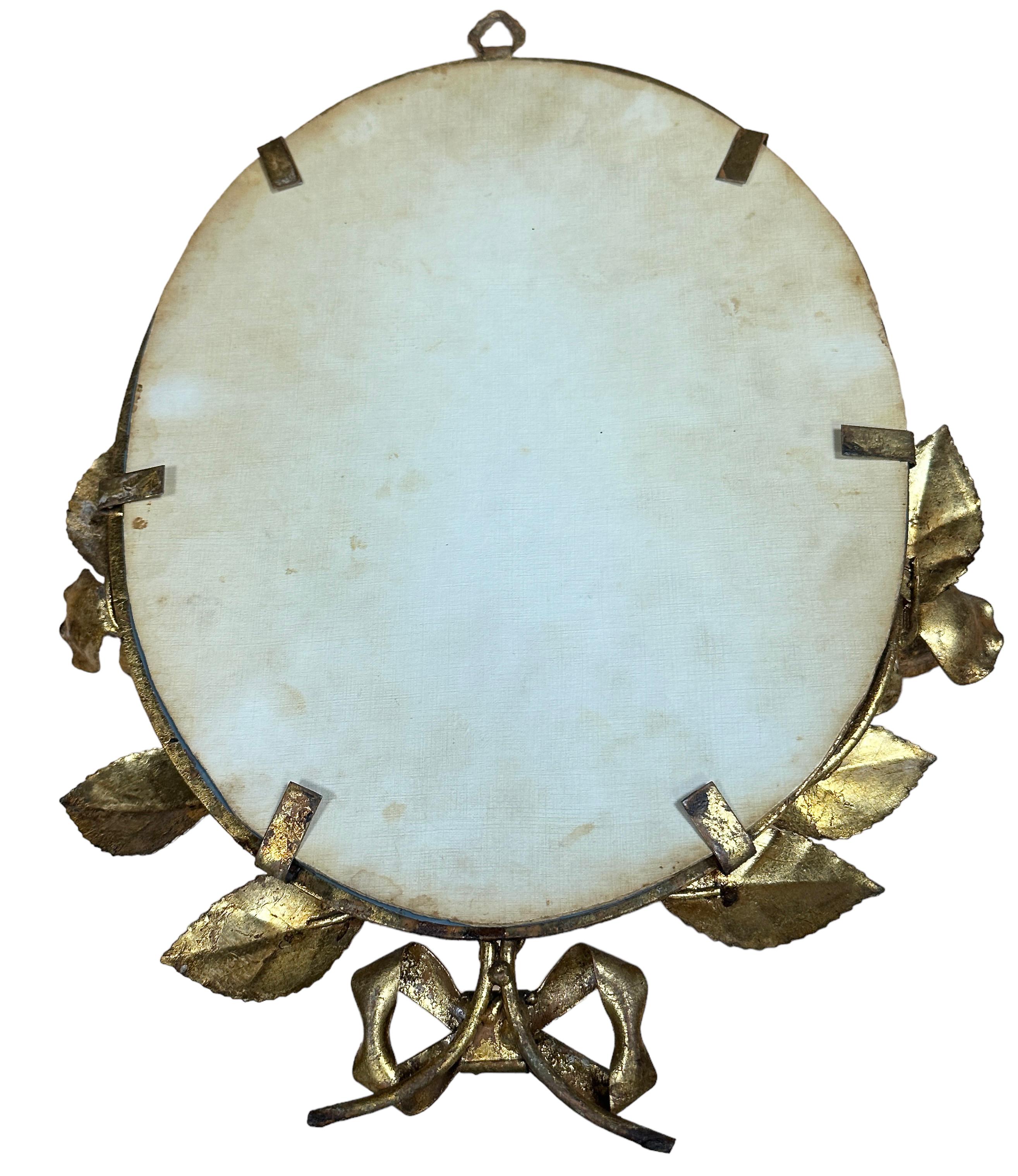 Gilt Rose Flower Hollywood Regency Vanity Wall Mirror, Toleware Tole 1960s Italy For Sale 6