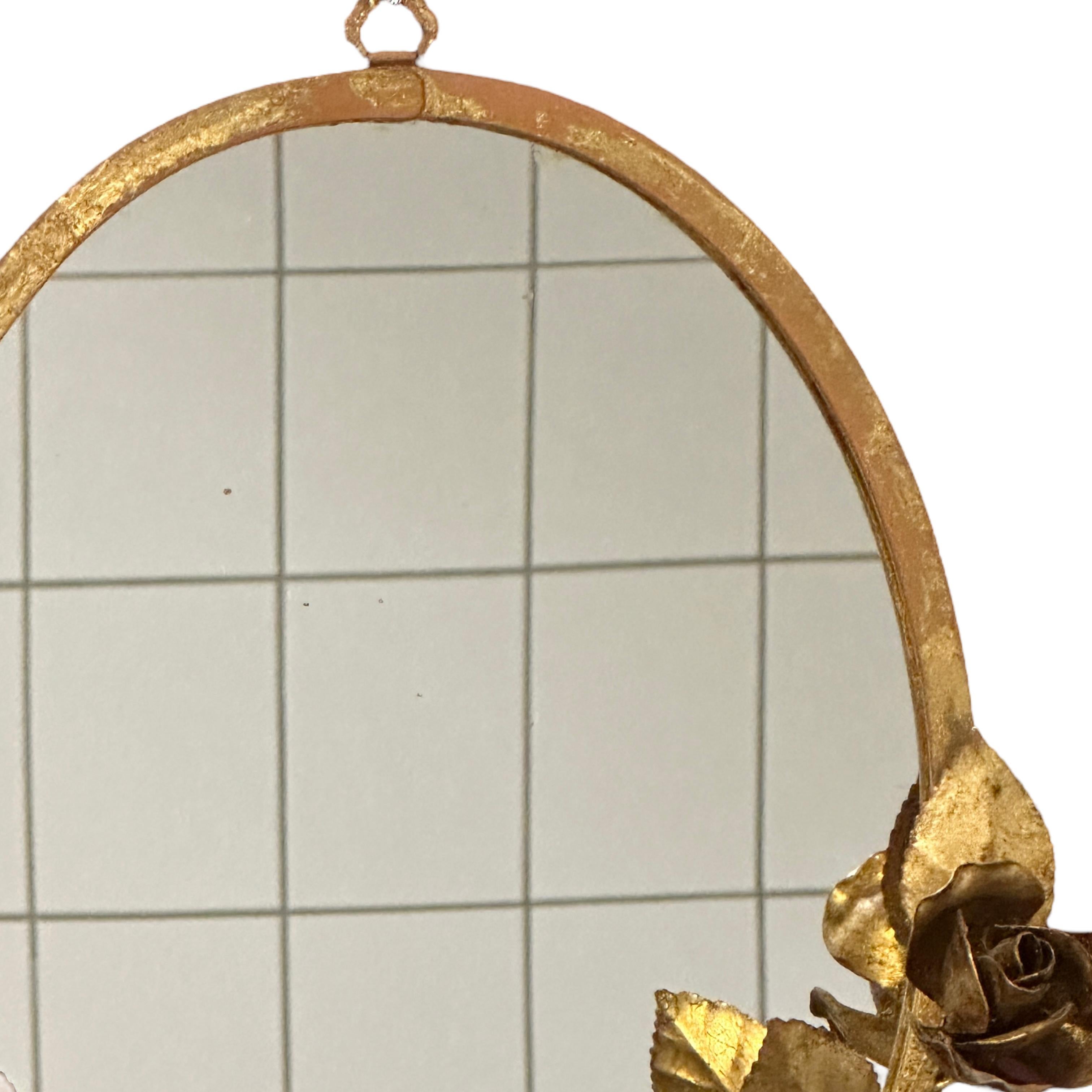 Mid-20th Century Gilt Rose Flower Hollywood Regency Vanity Wall Mirror, Toleware Tole 1960s Italy For Sale