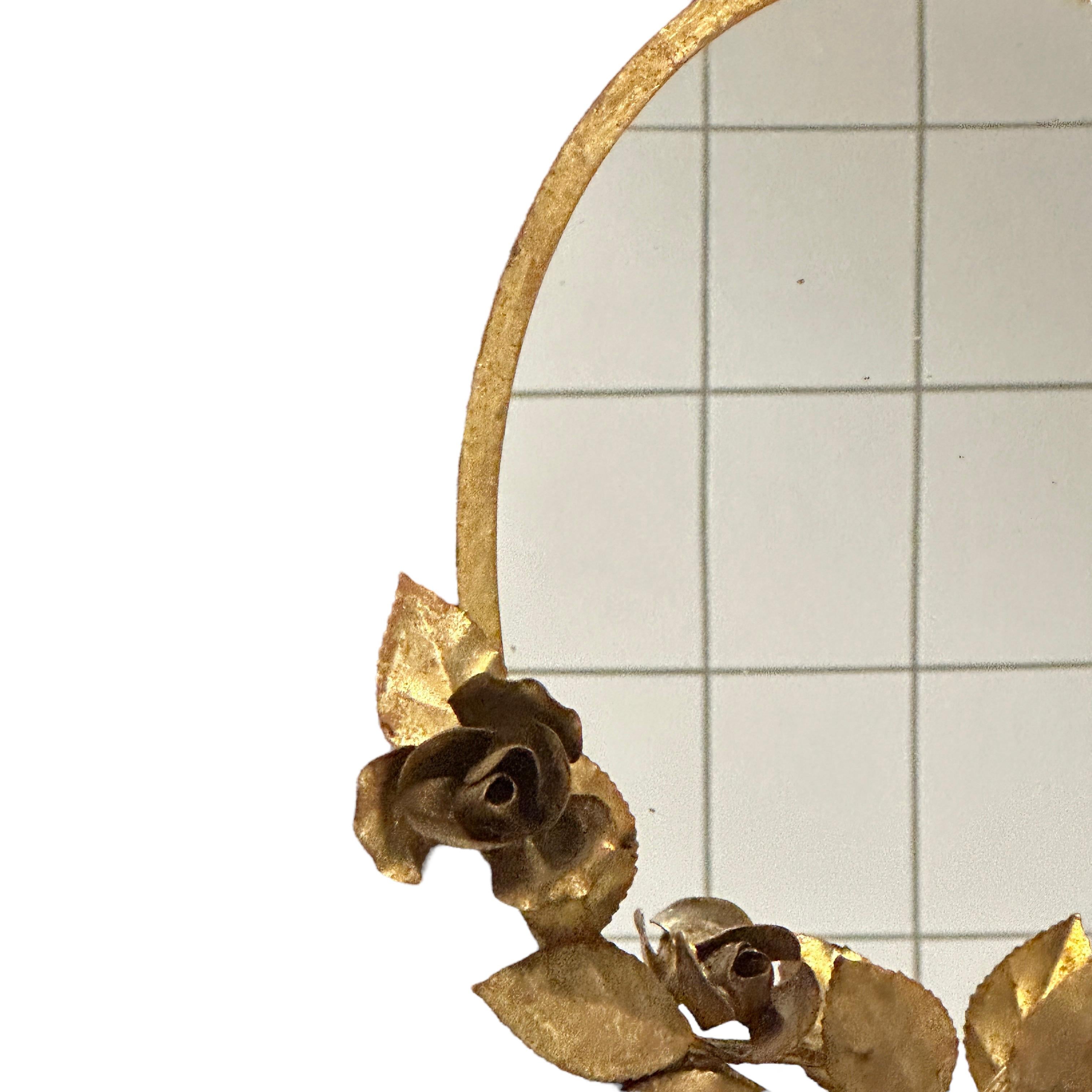 Gilt Rose Flower Hollywood Regency Vanity Wall Mirror, Toleware Tole 1960s Italy For Sale 1