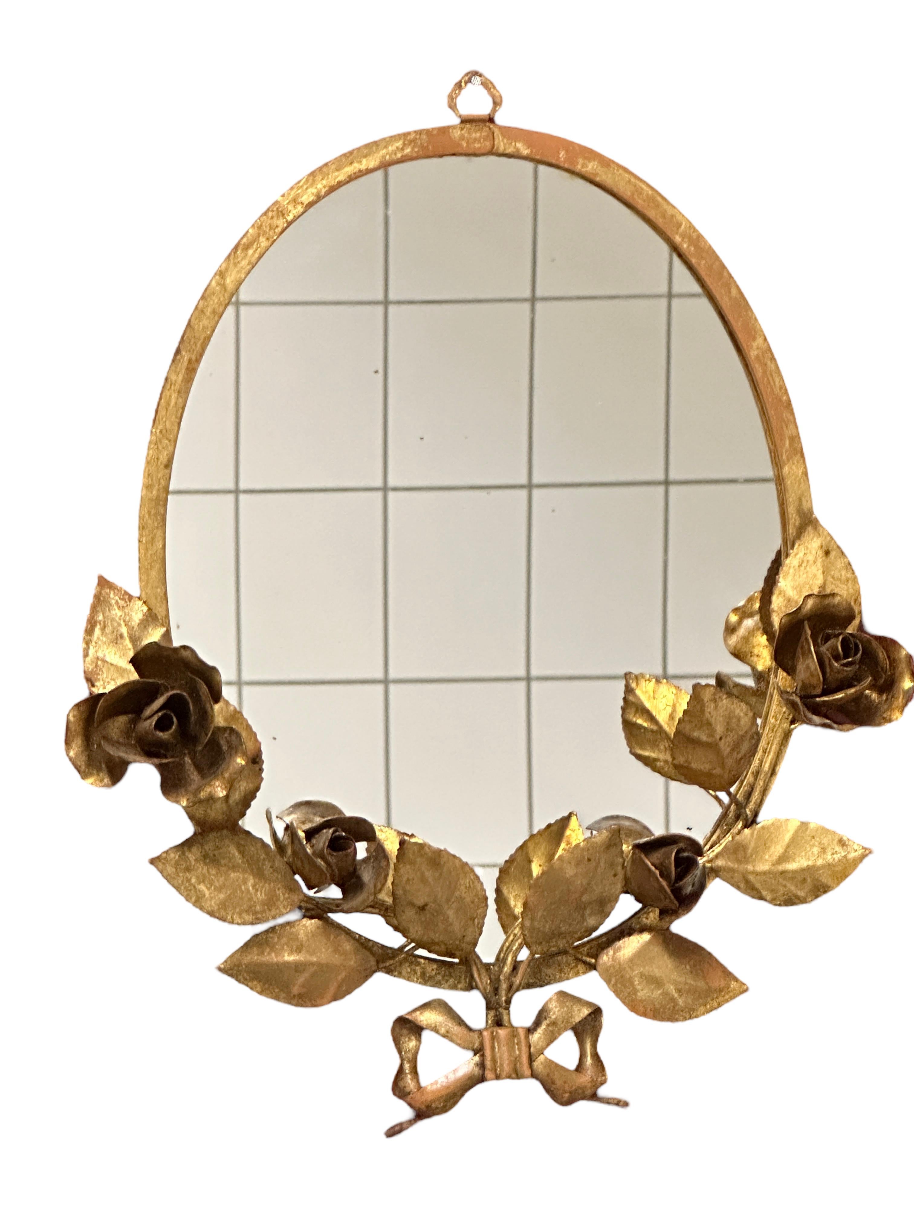 Gilt Rose Flower Hollywood Regency Vanity Wall Mirror, Toleware Tole 1960s Italy For Sale 2