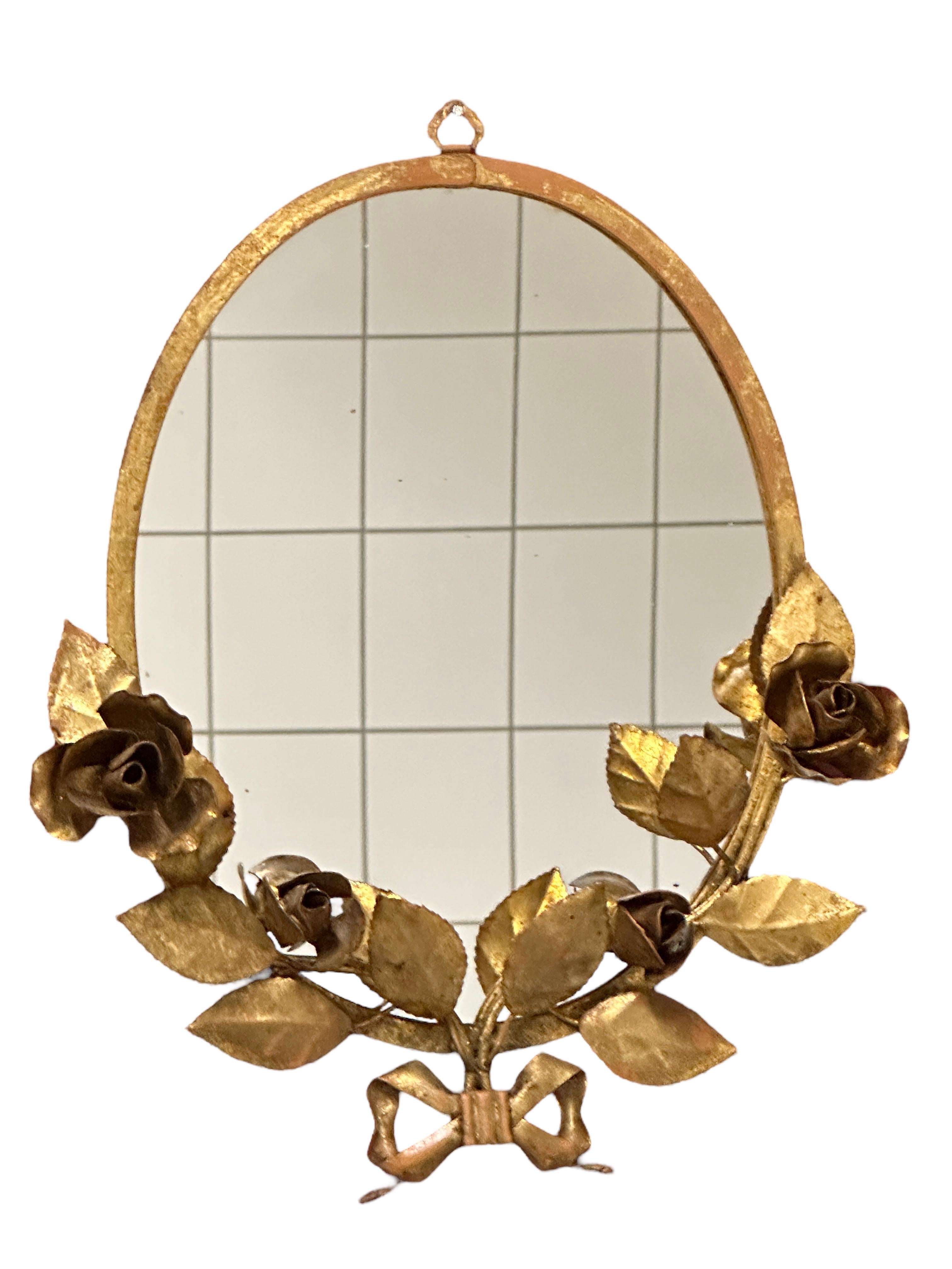Gilt Rose Flower Hollywood Regency Vanity Wall Mirror, Toleware Tole 1960s Italy For Sale 3