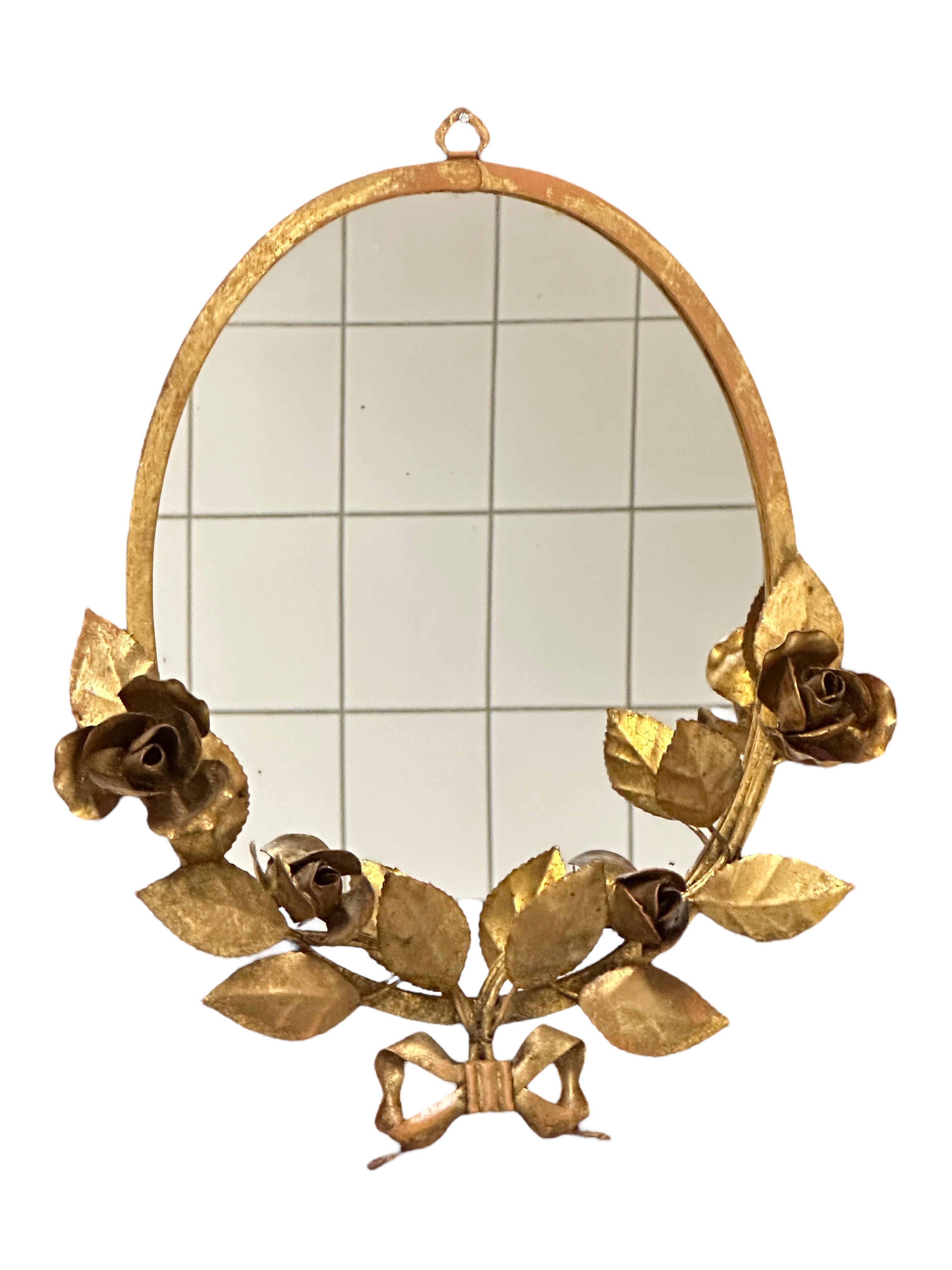 Gilt Rose Flower Hollywood Regency Vanity Wall Mirror, Toleware Tole 1960s Italy For Sale 4