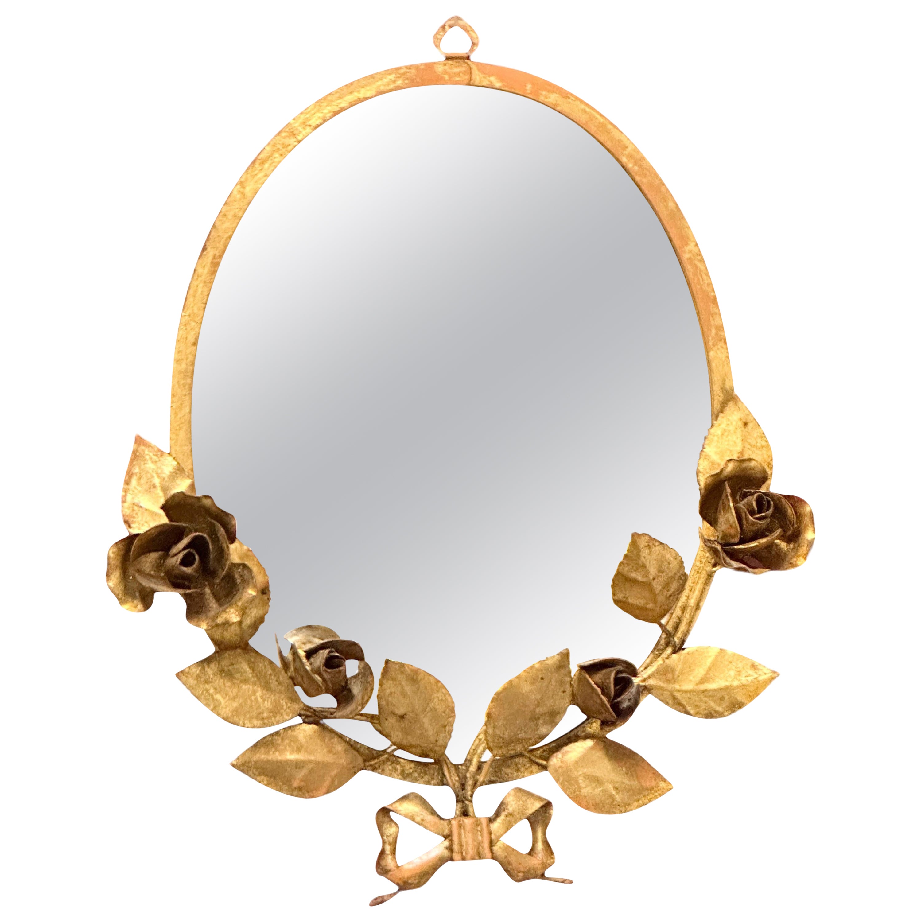 Gilt Rose Flower Hollywood Regency Vanity Wall Mirror, Toleware Tole 1960s Italy