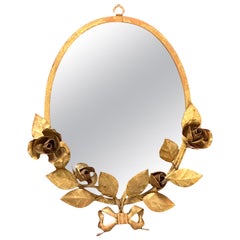 Gilt Rose Flower Hollywood Regency Vanity Wall Mirror, Toleware Tole 1960s Italy