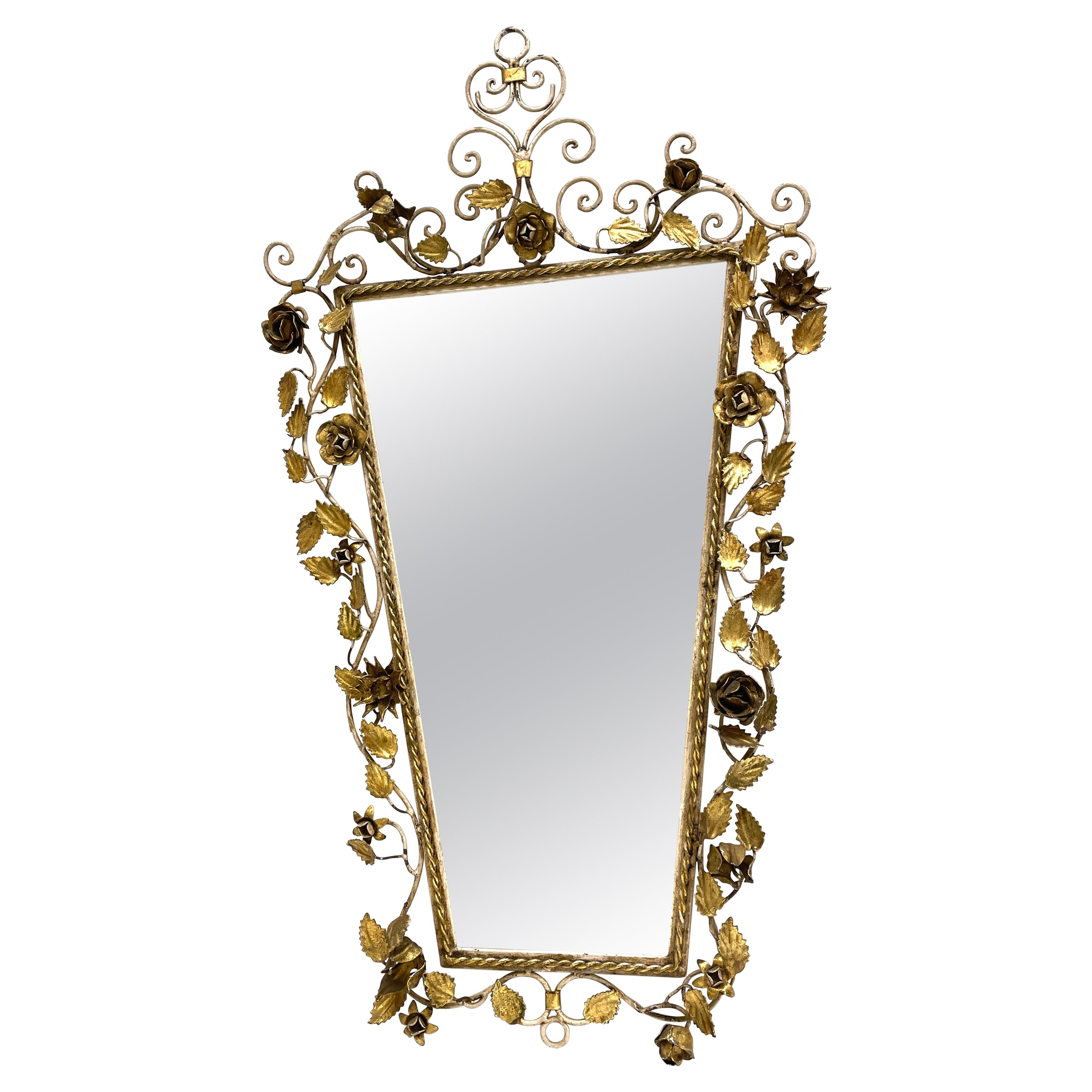 Gilt Roses Chippy White Metal Hollywood Regency Mirror Toleware Tole Italy 1960s