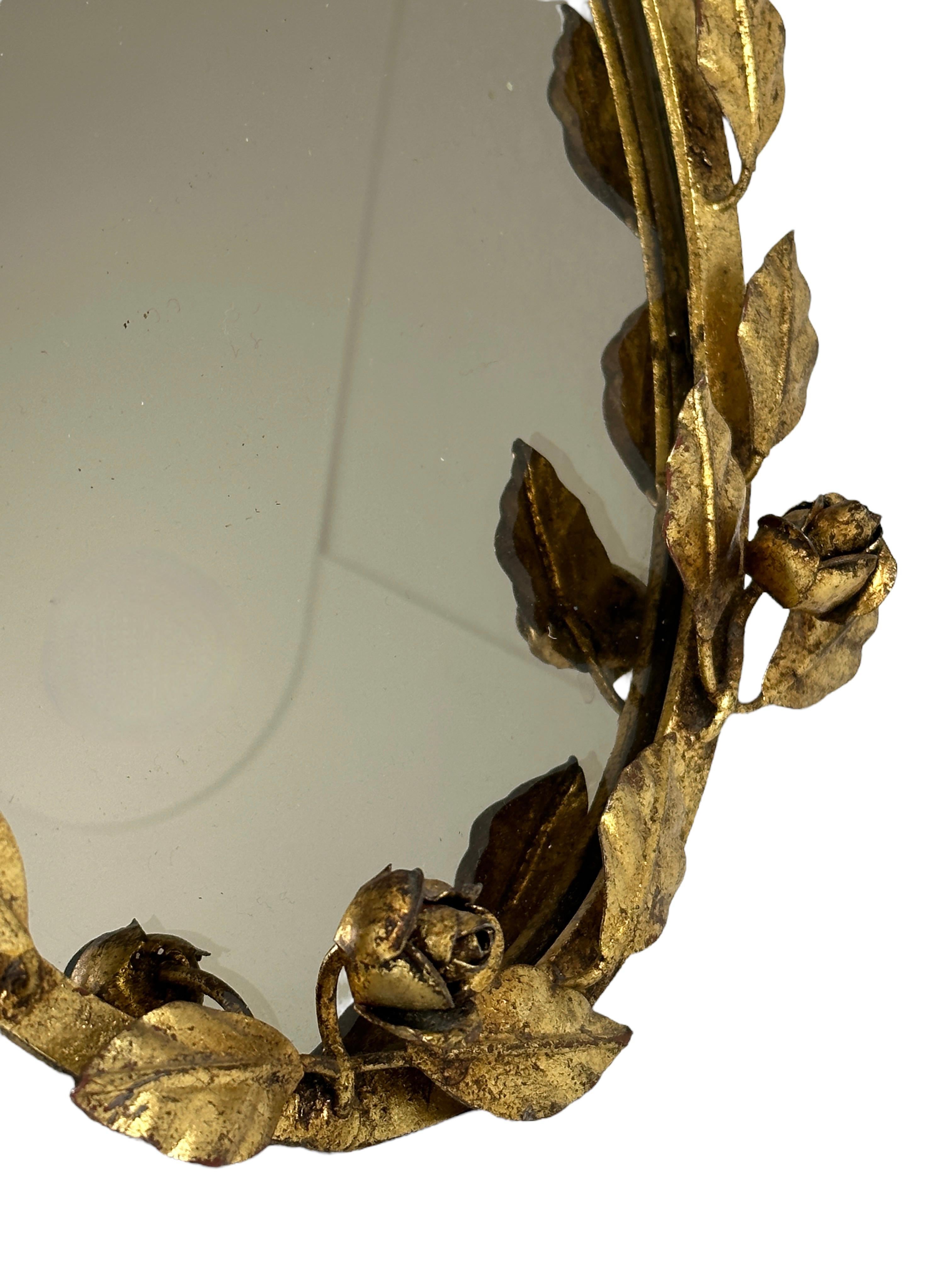 Gilt Roses Metal Hollywood Regency Vanity Mirror Toleware Tole Italy 1960s For Sale 1