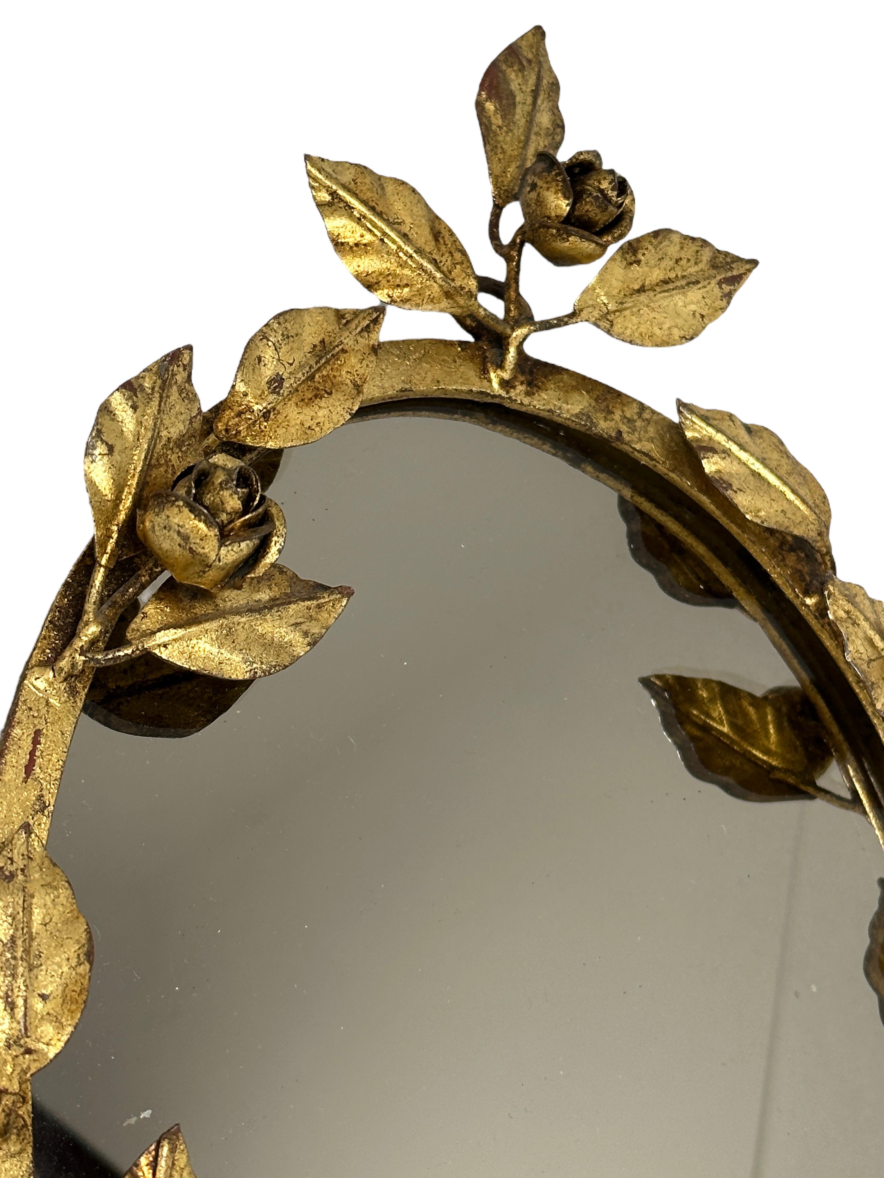 Gilt Roses Metal Hollywood Regency Vanity Mirror Toleware Tole Italy 1960s For Sale 2