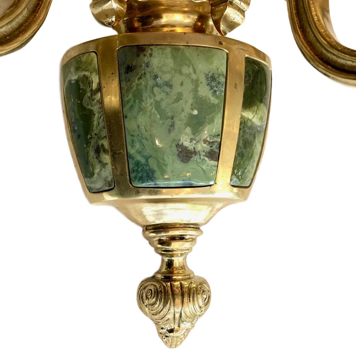 Gilt Sconces with Jadeite Stone Insets, Sold in Pairs In Good Condition In New York, NY