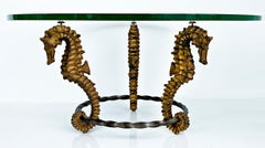 Gilt Seahorse Coffee Table with Thick Round Glass Top, Iron and Metal