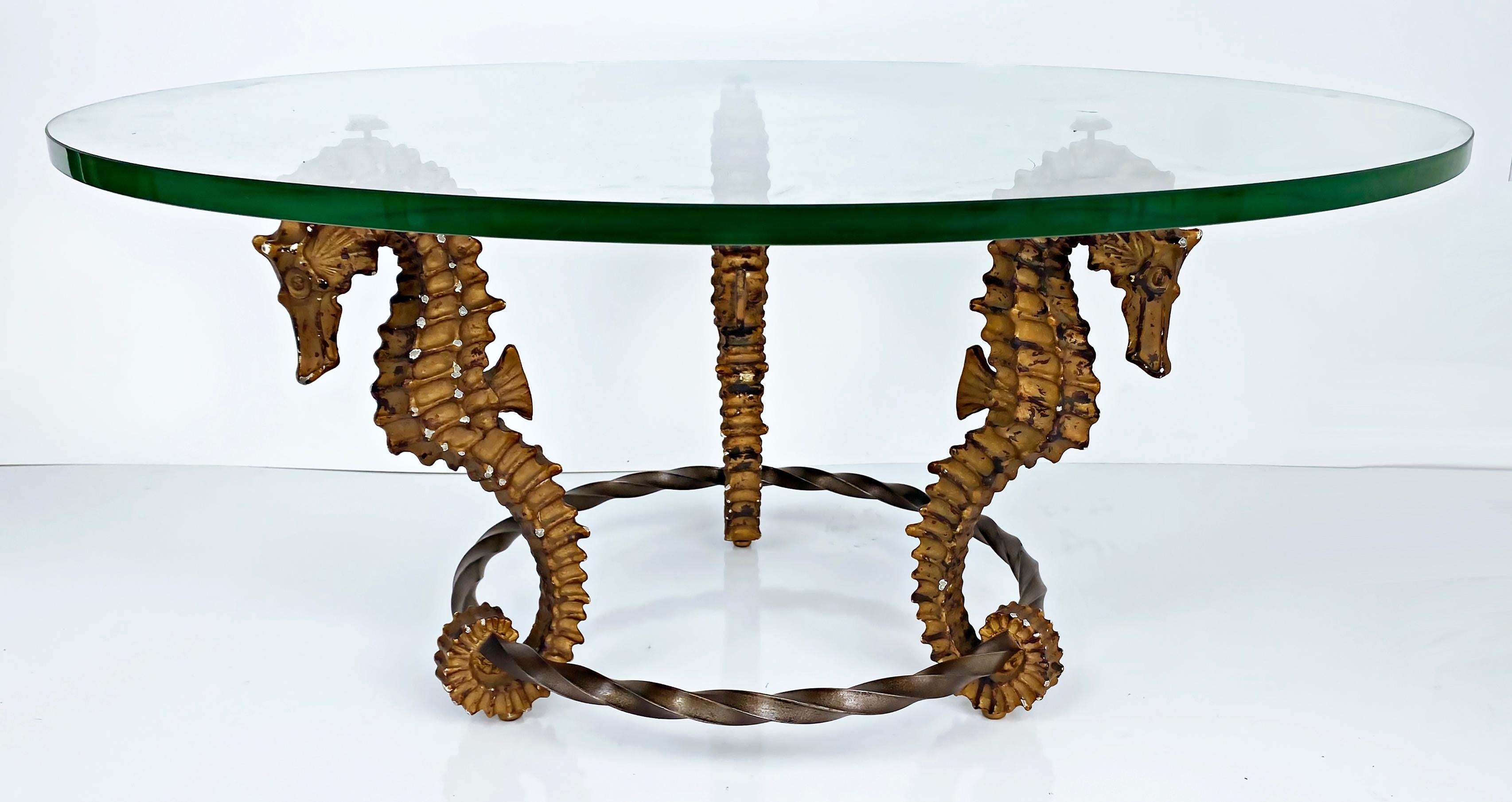 American Gilt Seahorse Coffee Table with Thick Round Glass Top, Iron and Metal