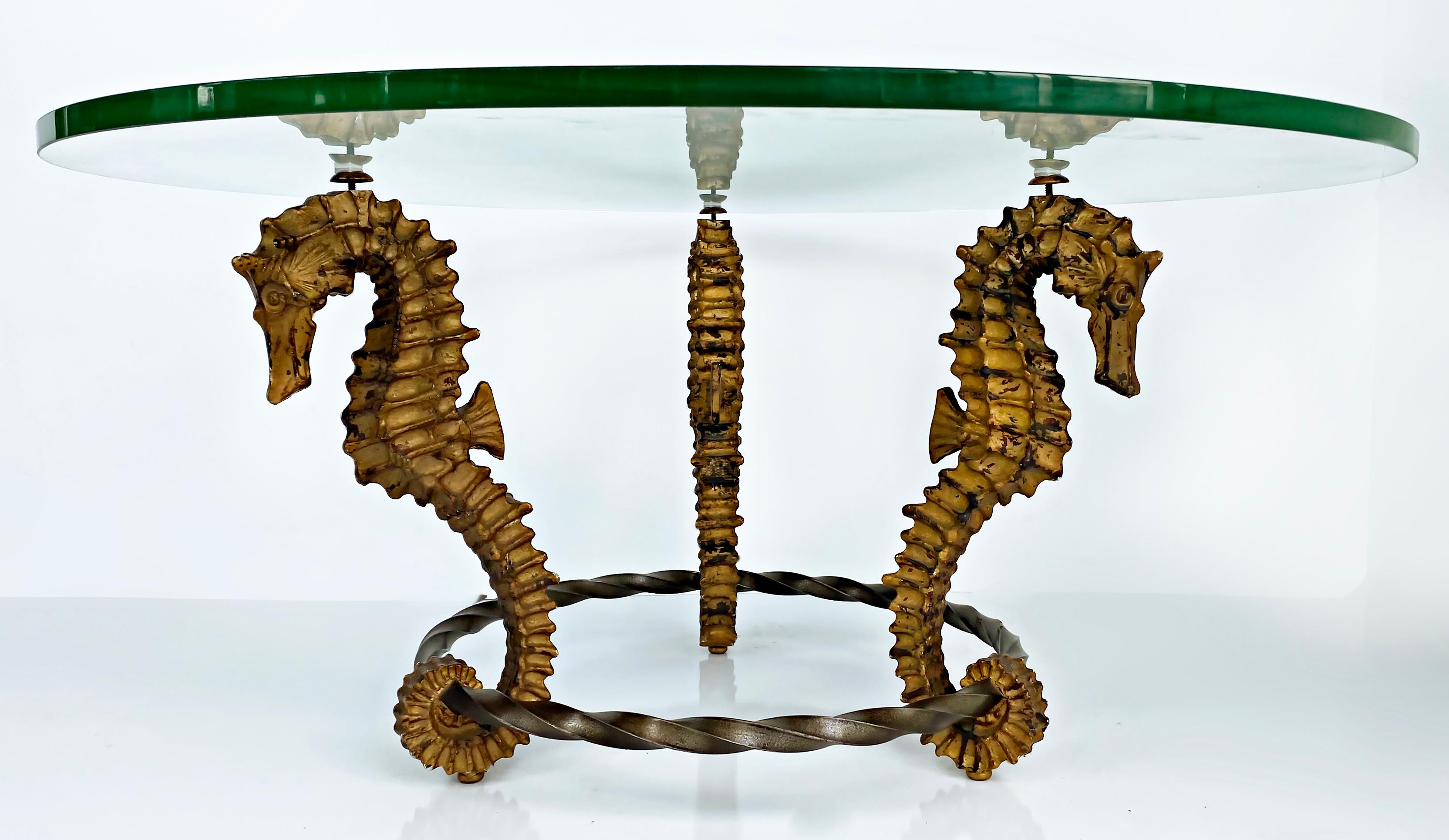 Gilt Seahorse Coffee Table with Thick Round Glass Top, Iron and Metal 2