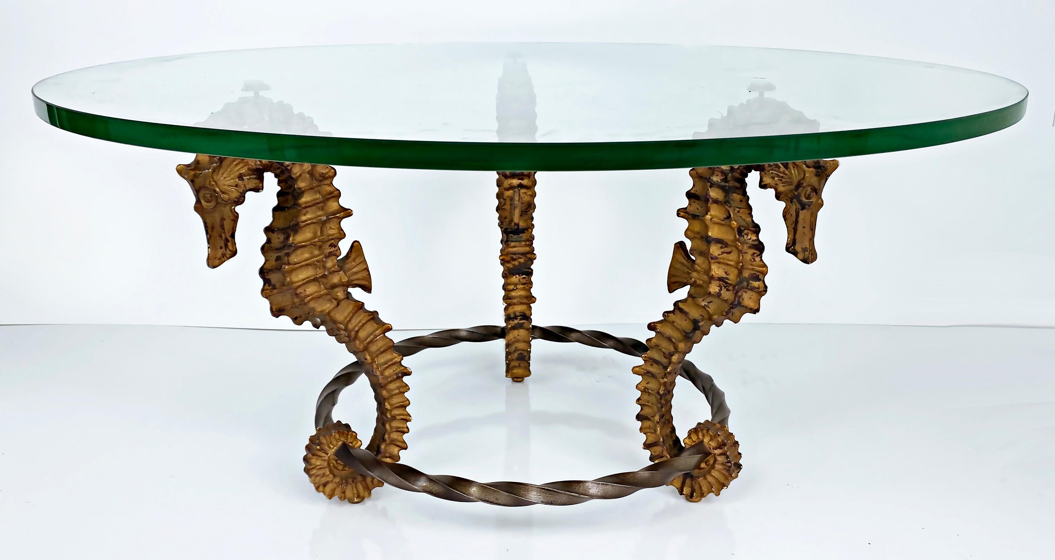 Gilt Seahorse Coffee Table with Thick Round Glass Top, Iron and Metal 2