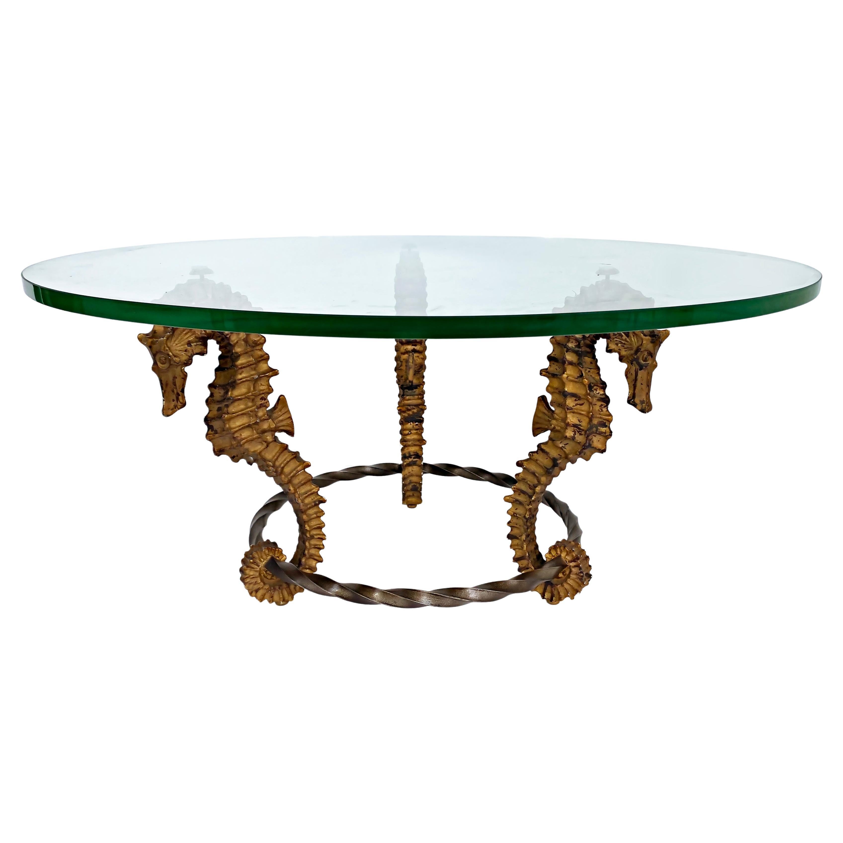 Gilt Seahorse Coffee Table with Thick Round Glass Top, Iron and Metal