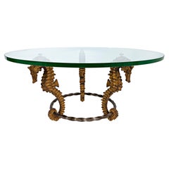 Gilt Seahorse Coffee Table with Thick Round Glass Top, Iron and Metal