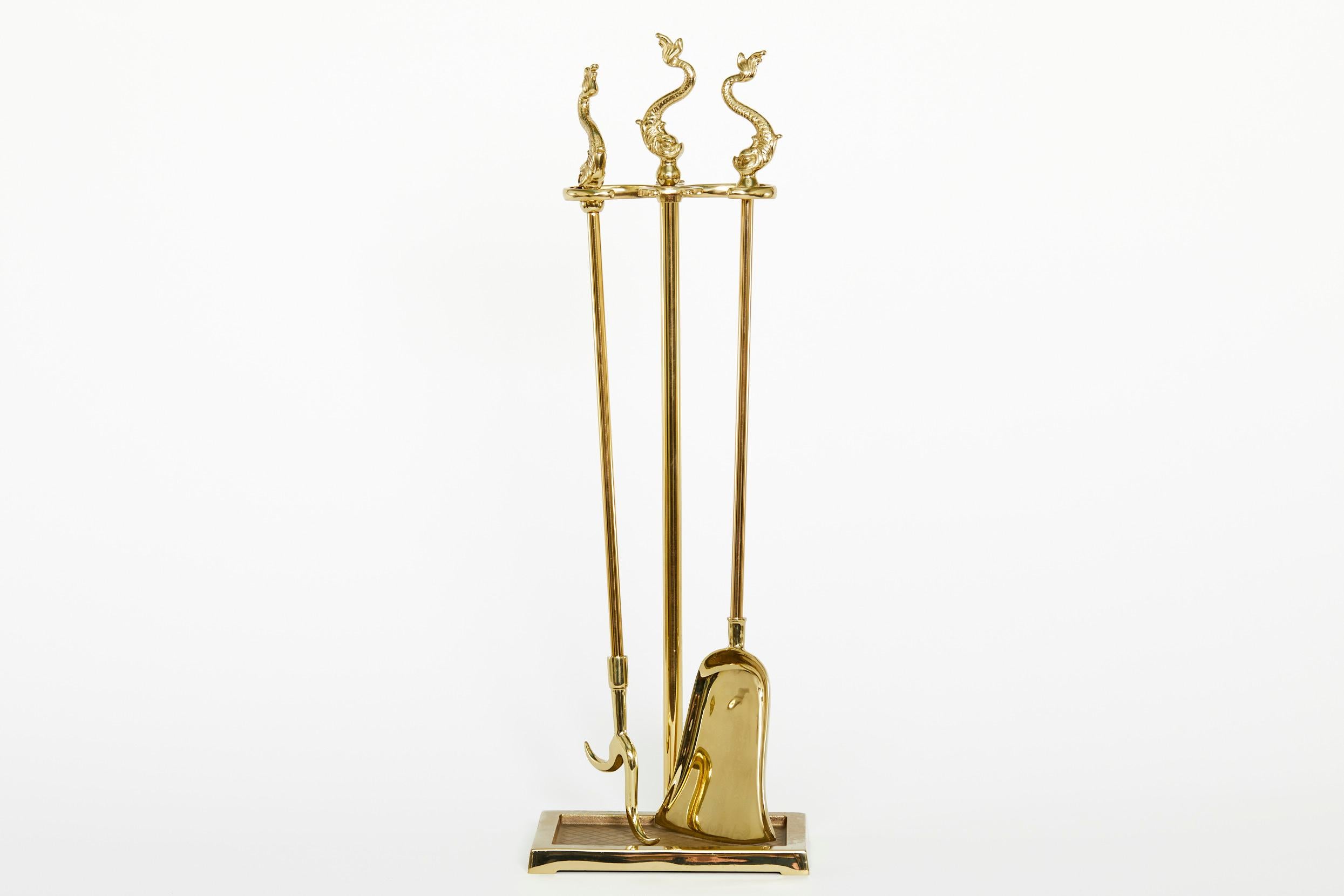 Gilt Set Solid Brass Fire Tools / Stand For Sale at 1stDibs