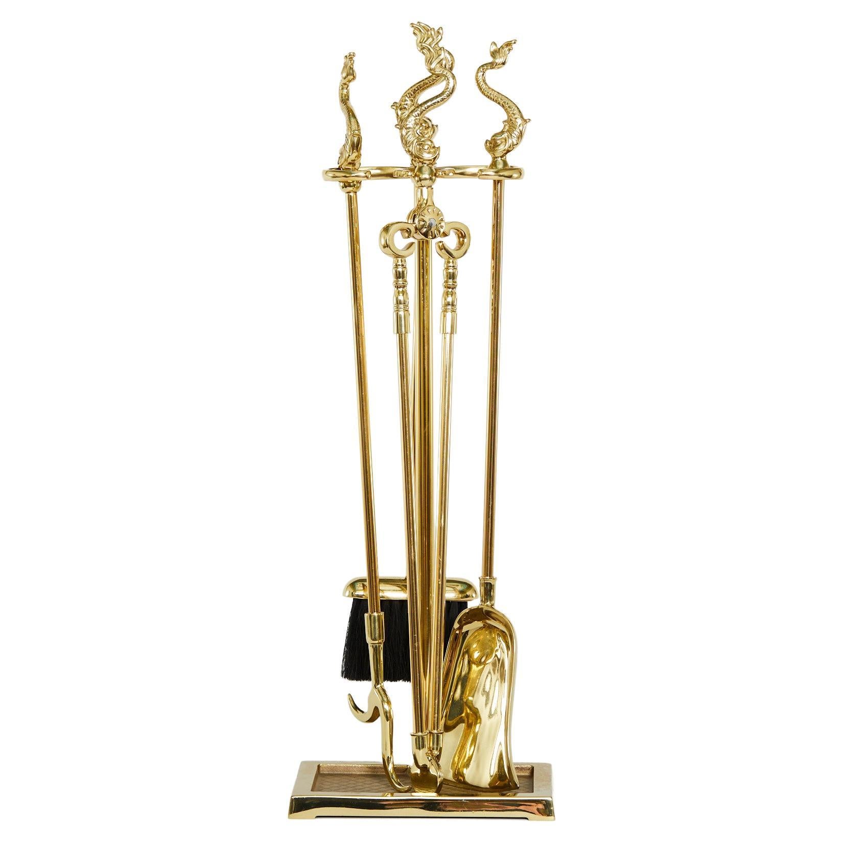 Gilt Set Solid Brass Fire Tools / Stand For Sale at 1stDibs