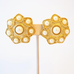 Gilt Seven Point Domed Statement Earrings With Pearl Cabs By Guy Laroche, 1980s