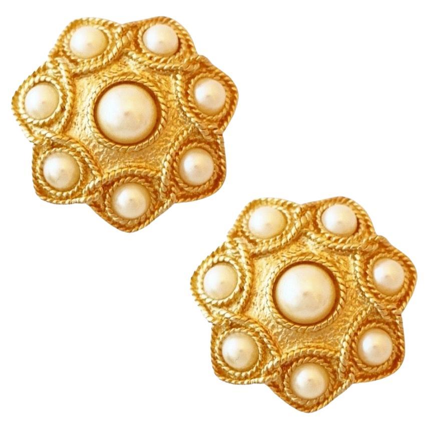 Gilt Seven Point Domed Statement Earrings With Pearl Cabs By Guy Laroche, 1980s