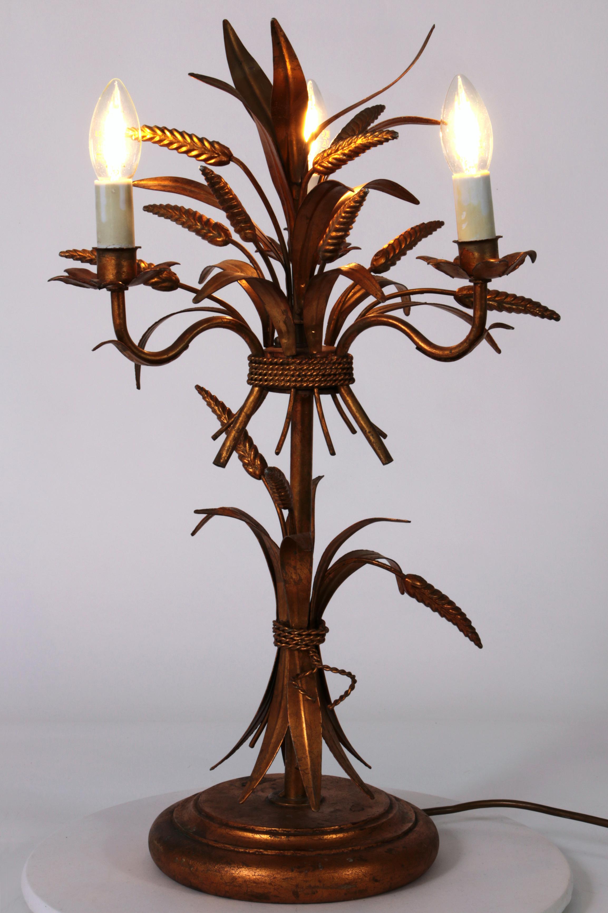 Metal Gilt ‘Sheaf of Wheat’ Table Light, Florentine Table Lamp by Hans Kögl, 1960s For Sale