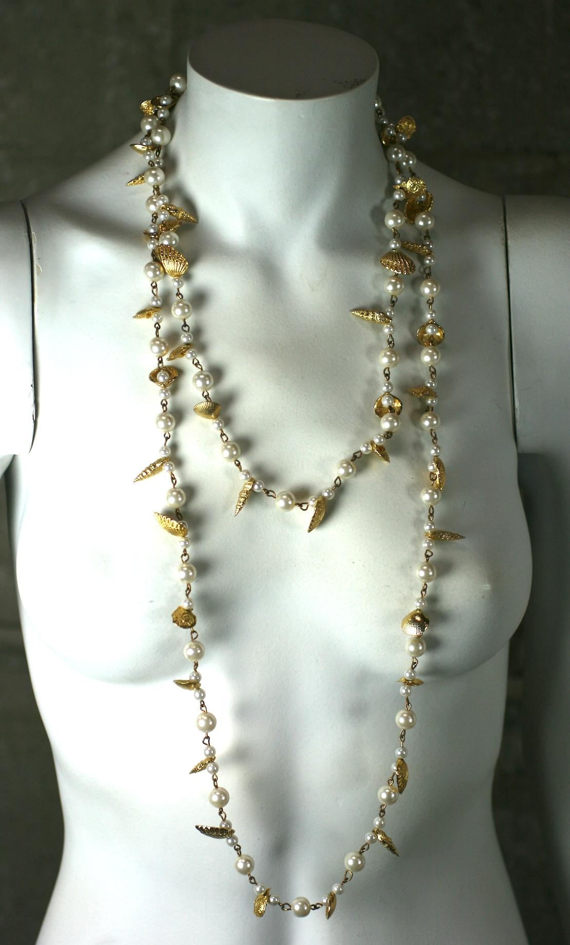 Gilt Shell and Faux Pearl Lariat For Sale 1
