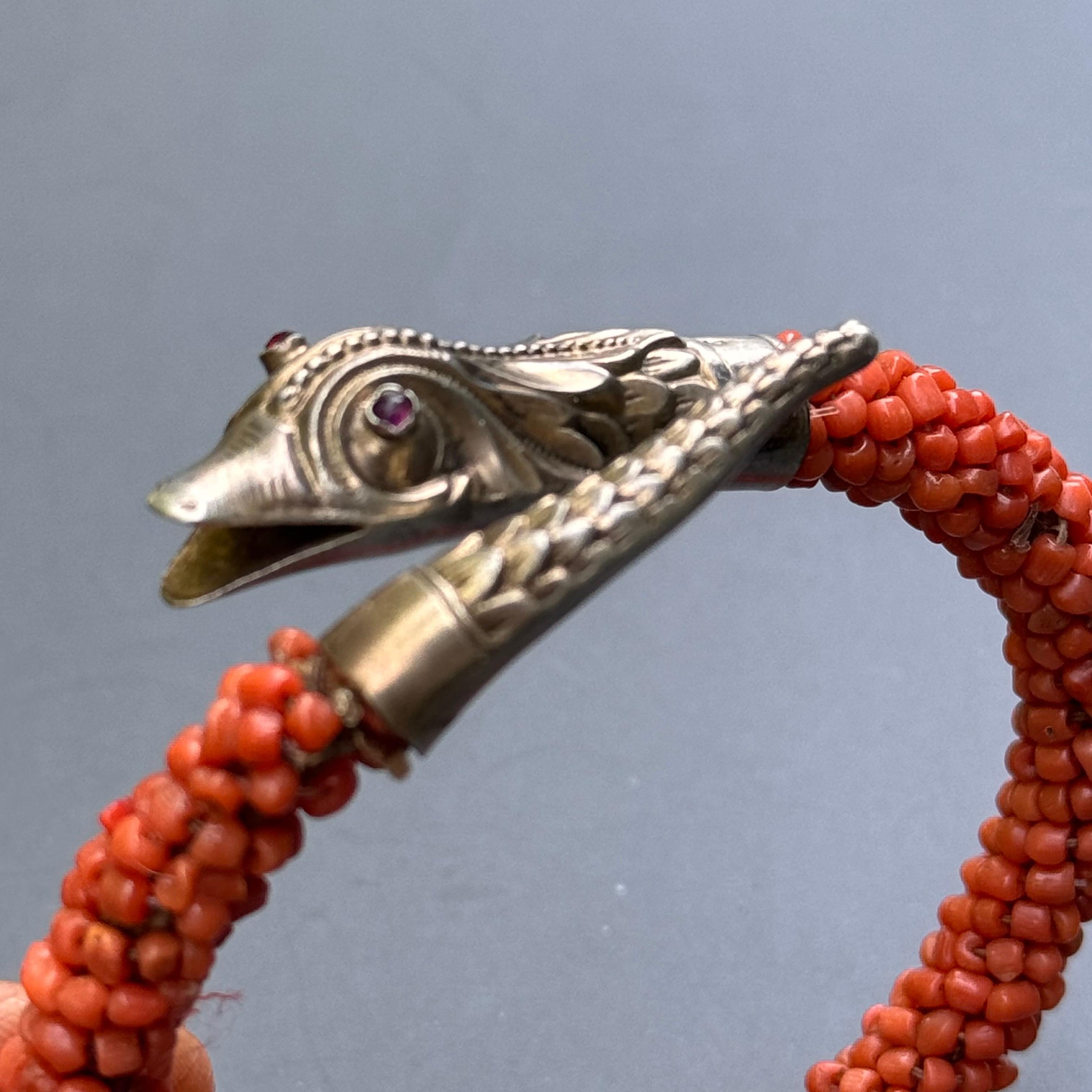 Antique Gold Gilt Silver Coral Wrap Snake Bangle Bracelet For Sale 4