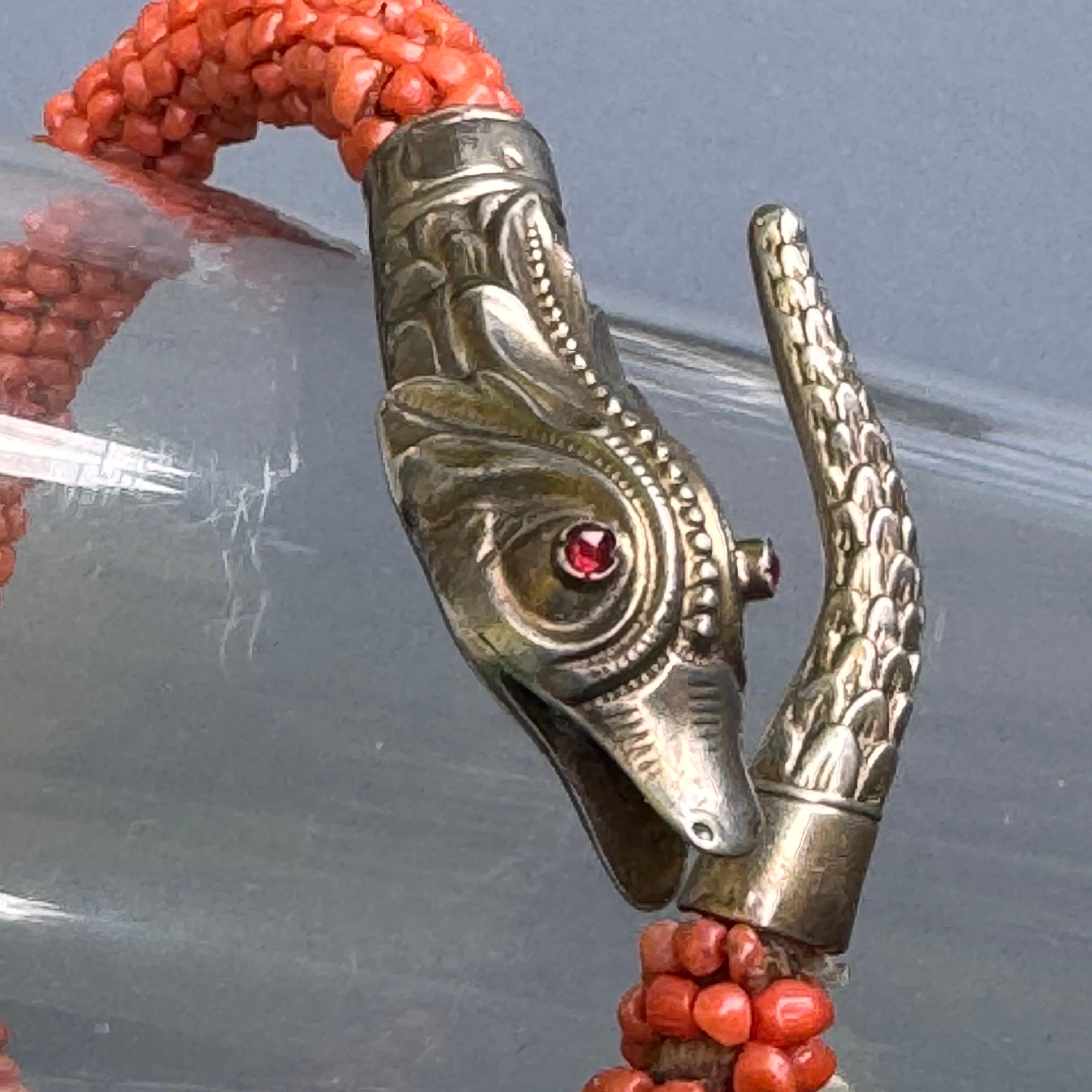 Antique Gold Gilt Silver Coral Wrap Snake Bangle Bracelet For Sale 5