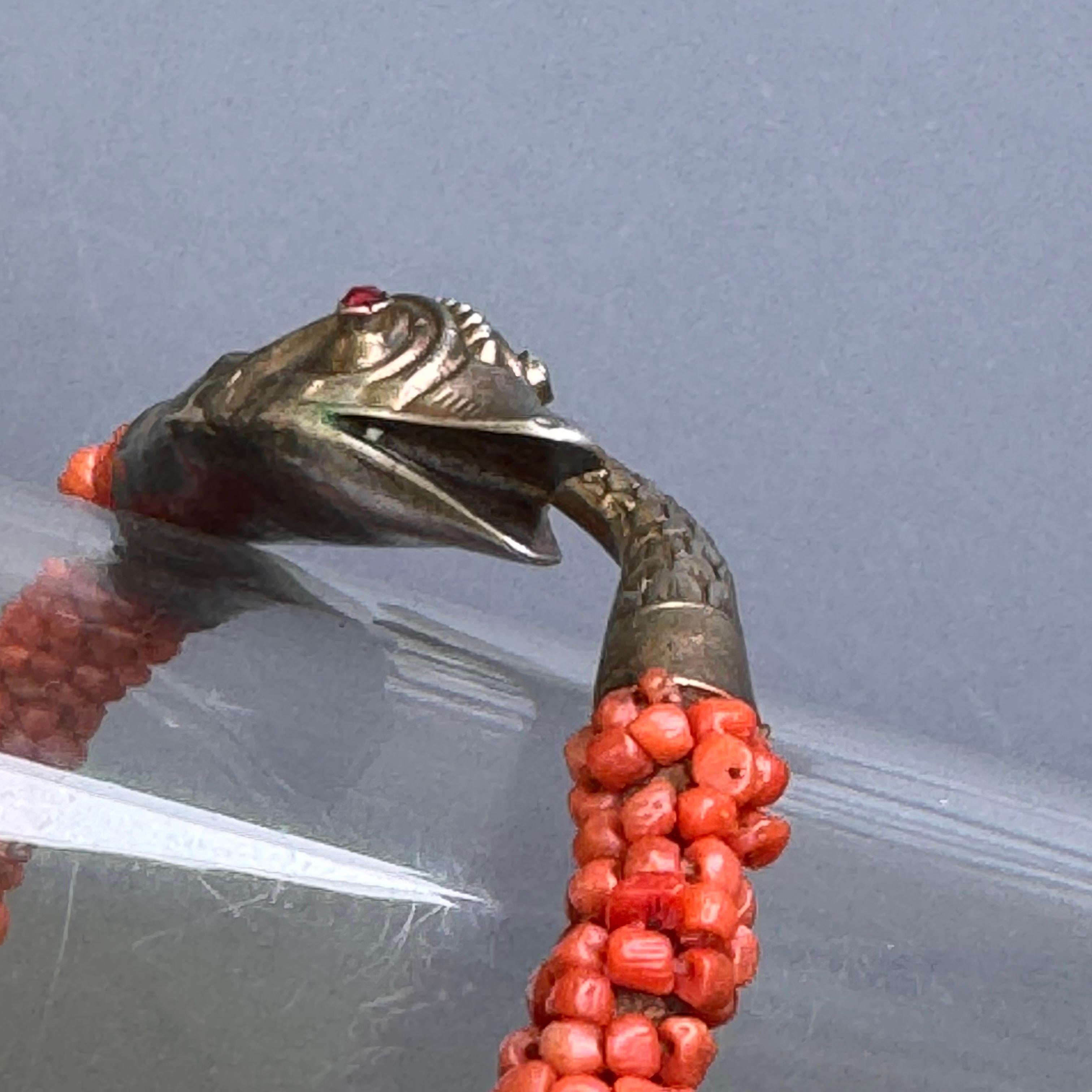 Antique Gold Gilt Silver Coral Wrap Snake Bangle Bracelet For Sale 6
