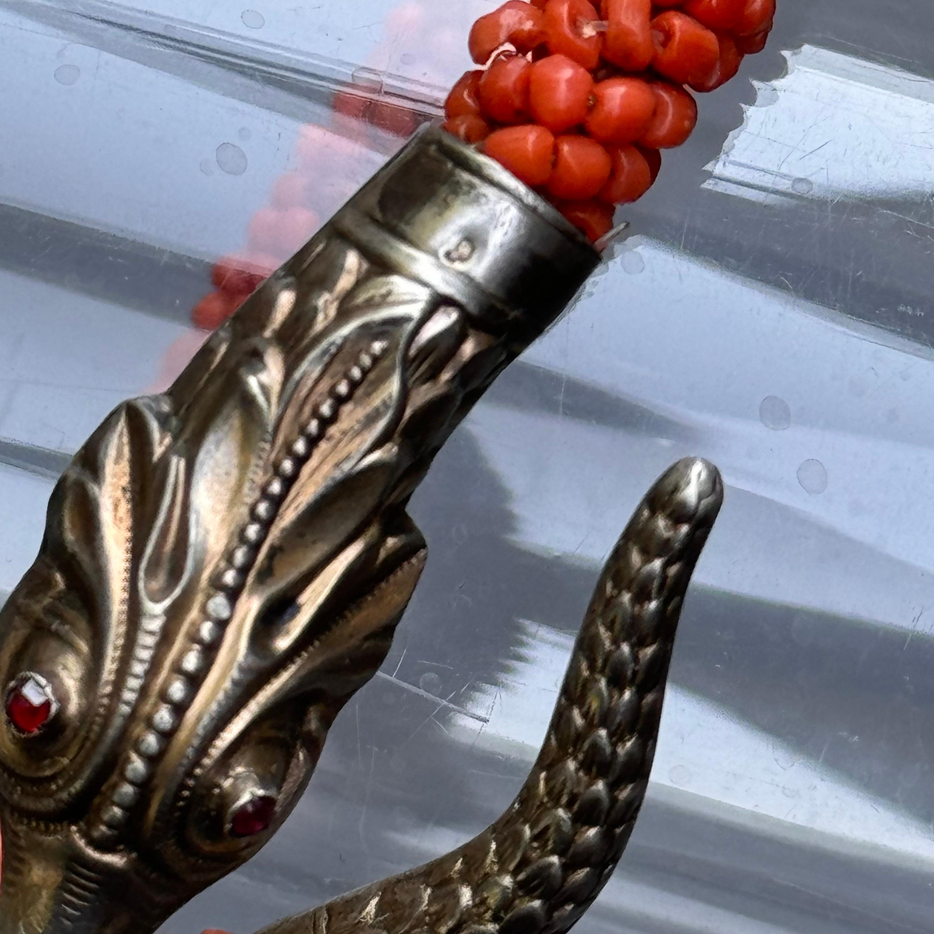 Antique Gold Gilt Silver Coral Wrap Snake Bangle Bracelet For Sale 7