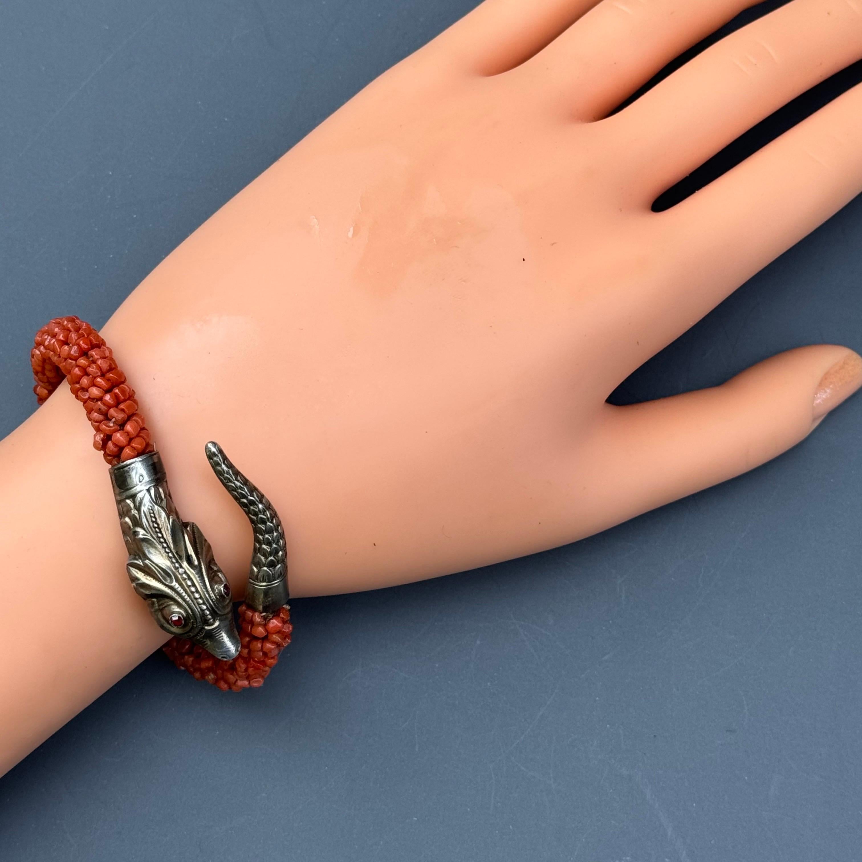 Antique Gold Gilt Silver Coral Wrap Snake Bangle Bracelet For Sale 11